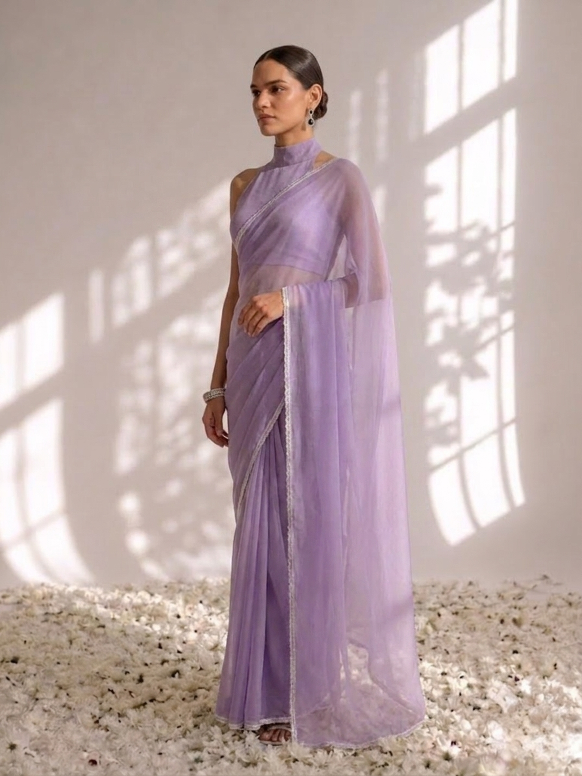 Purple Chiffon Saree with Lace and Self Fabric Blouse