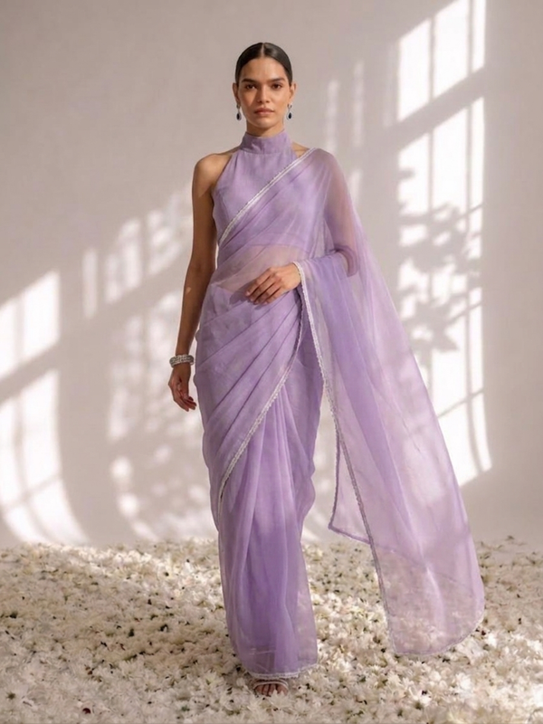 Purple Chiffon Saree with Lace and Self Fabric Blouse