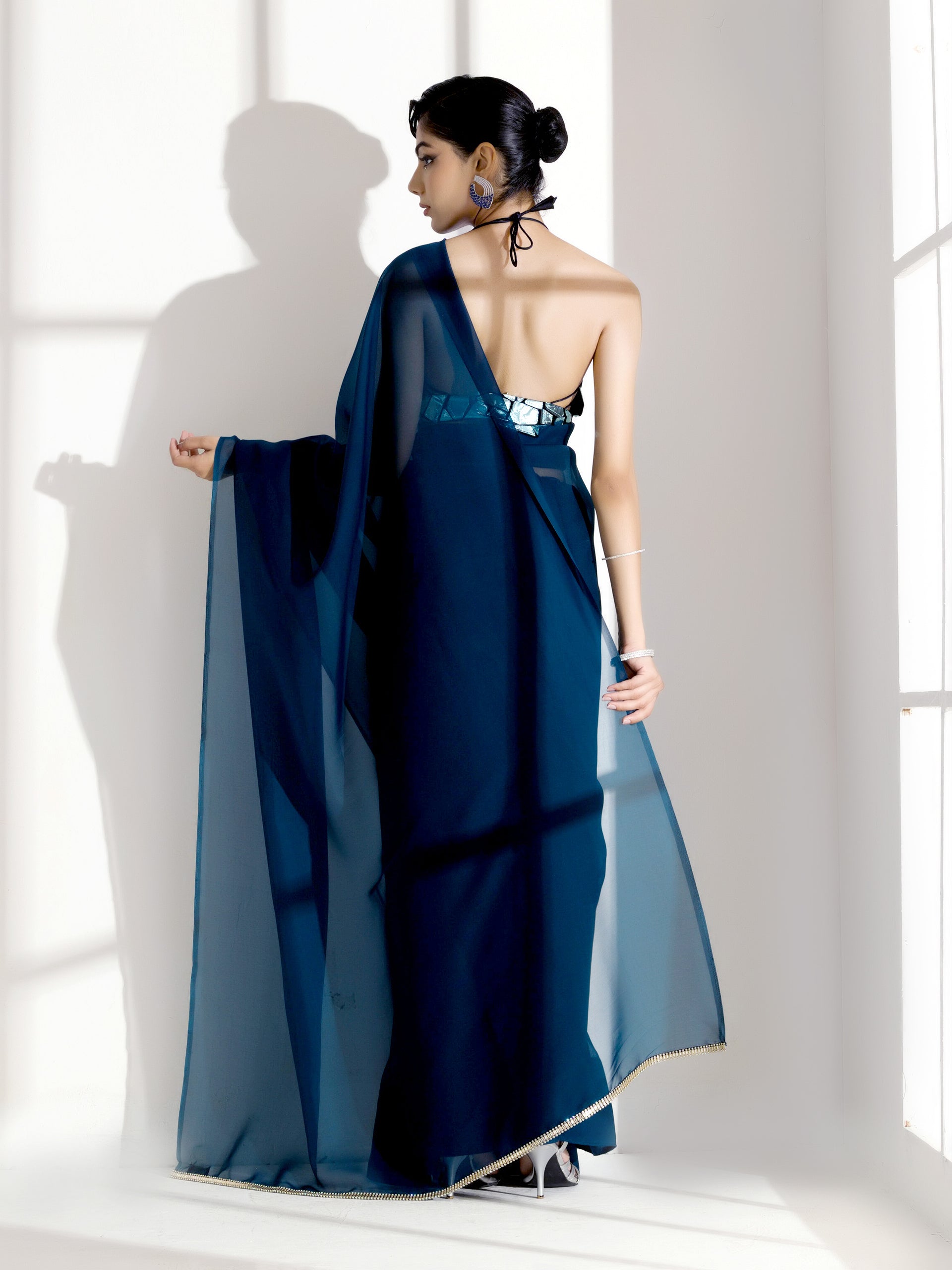 Blue Casa Soft Organza Saree with Diamond Lace with Self Blouse Fabric
