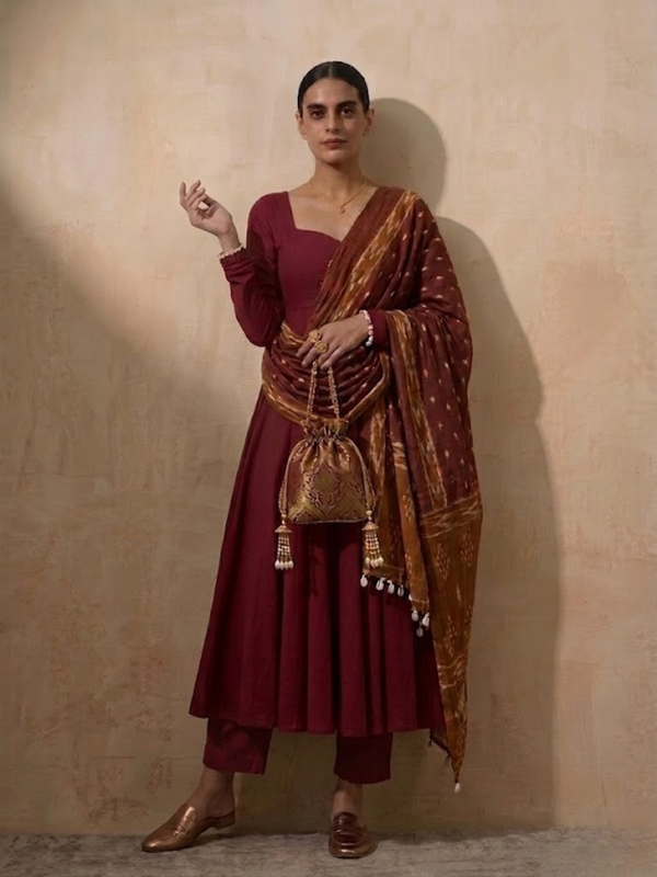 3 Pc Set - Maroon Cotton Anarkali with Cowrie on Sleeve and Printed Dupatta Ends