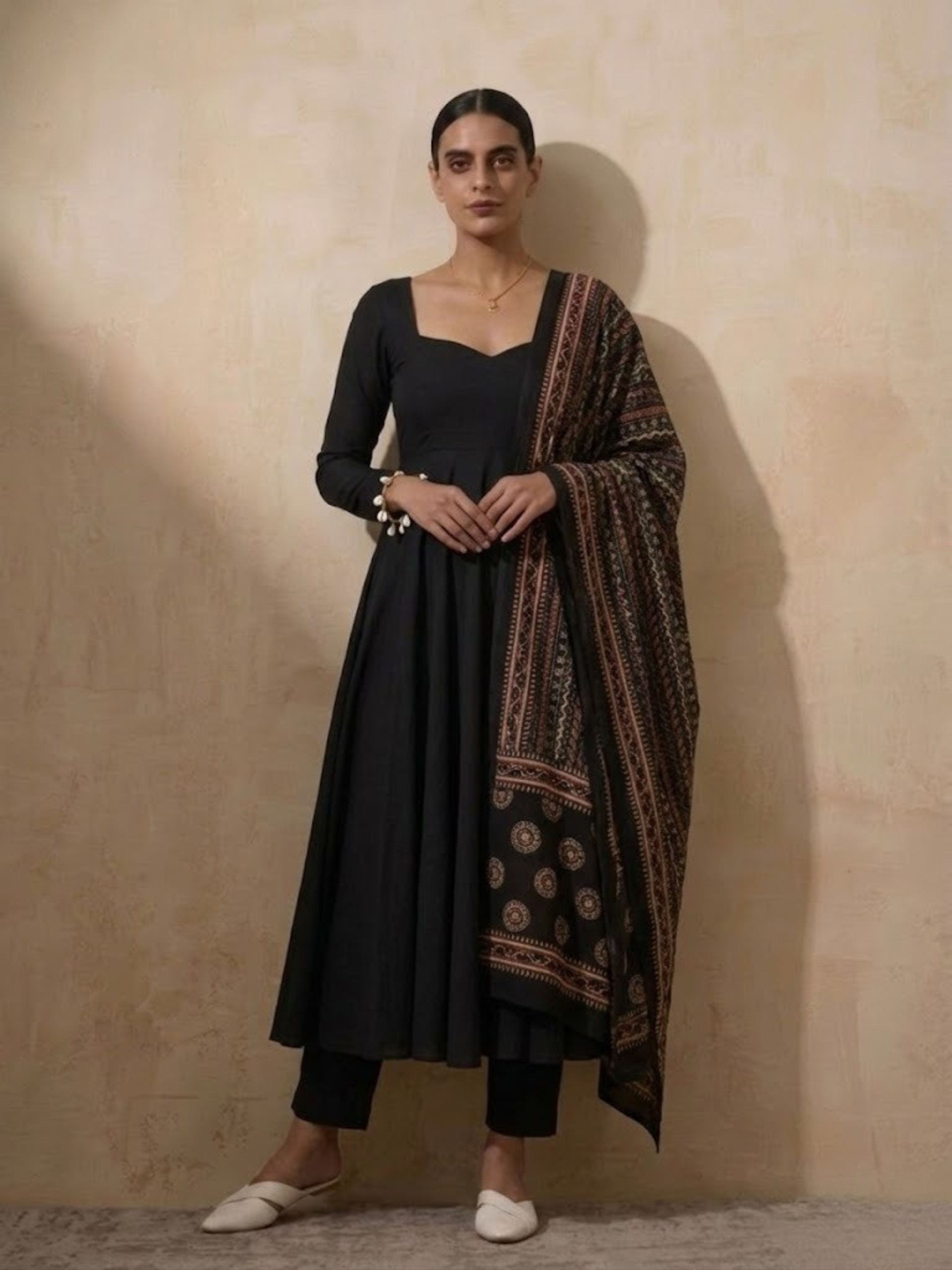 3 Pc Set - Black Cotton Anarkali with Black Printed Dupatta
