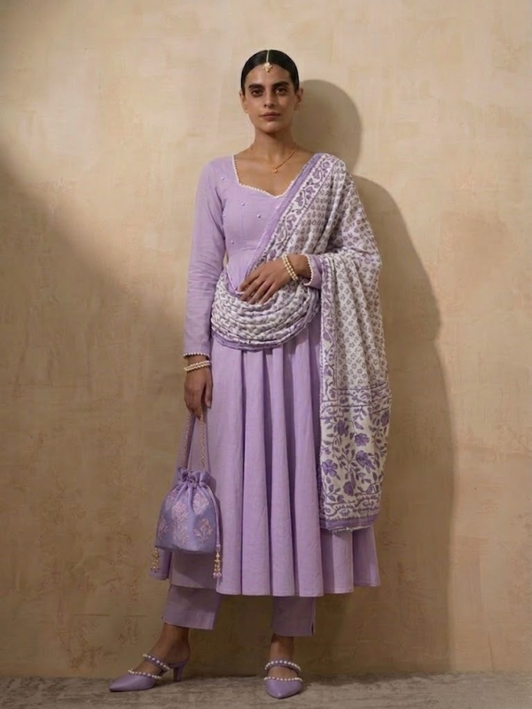 3 Pc Set - Lilac Cotton Anarkali with Pearls and Lilac Printed Dupatta