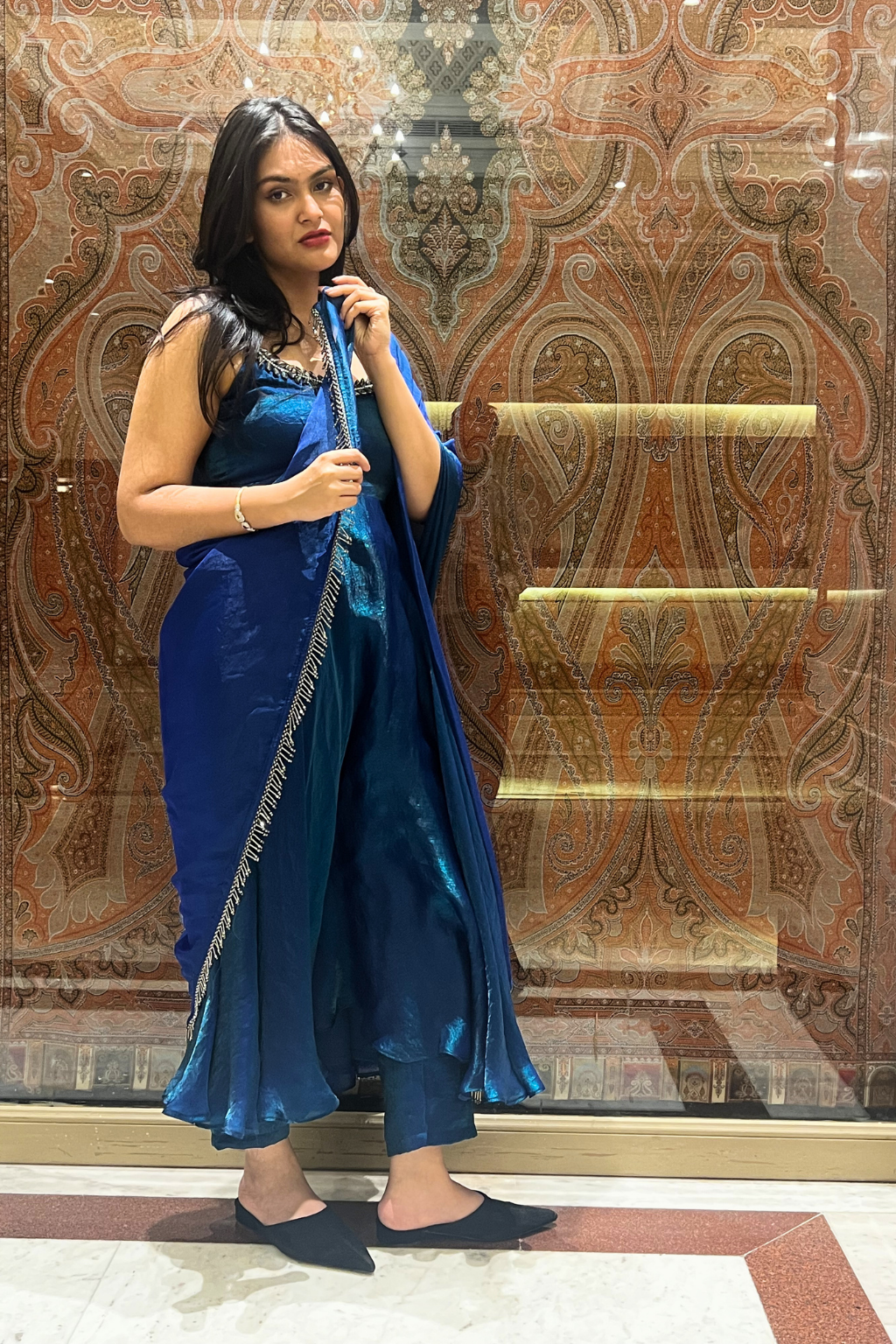 3 Pc Set -  Peacock Satin Sleeveless Anarkali Suit with Black Glass Beads Neckline with Pants and Dupatta