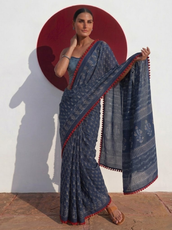 Indigo Hand Block Printed Saree with Red Lace and Blouse Fabric