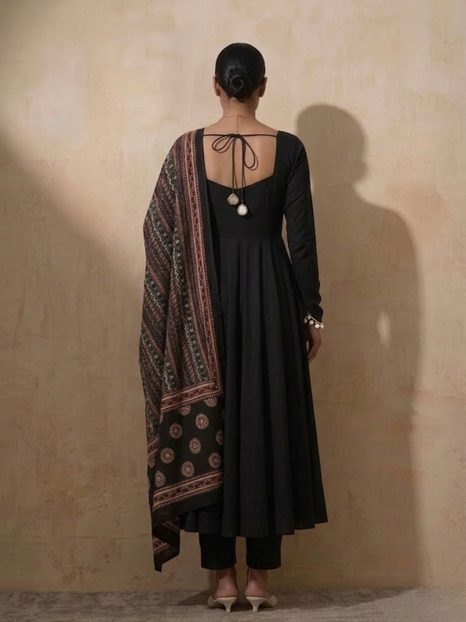 3 Pc Set - Black Cotton Anarkali with Black Printed Dupatta