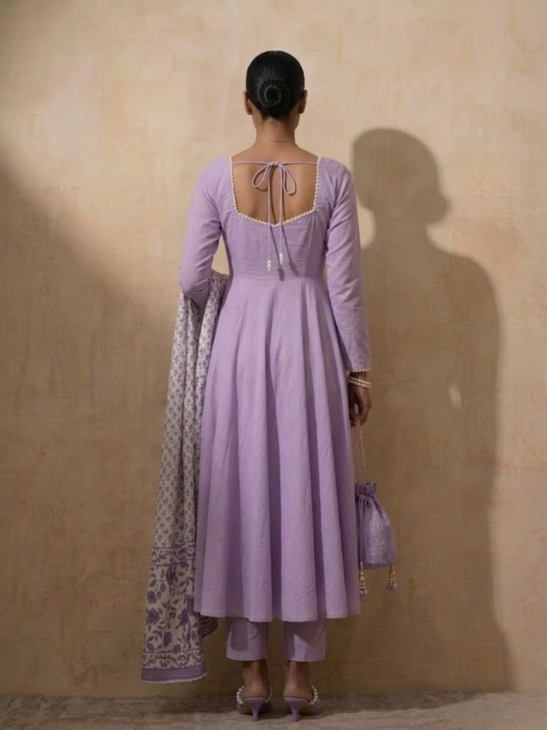 3 Pc Set - Lilac Cotton Anarkali with Pearls and Lilac Printed Dupatta