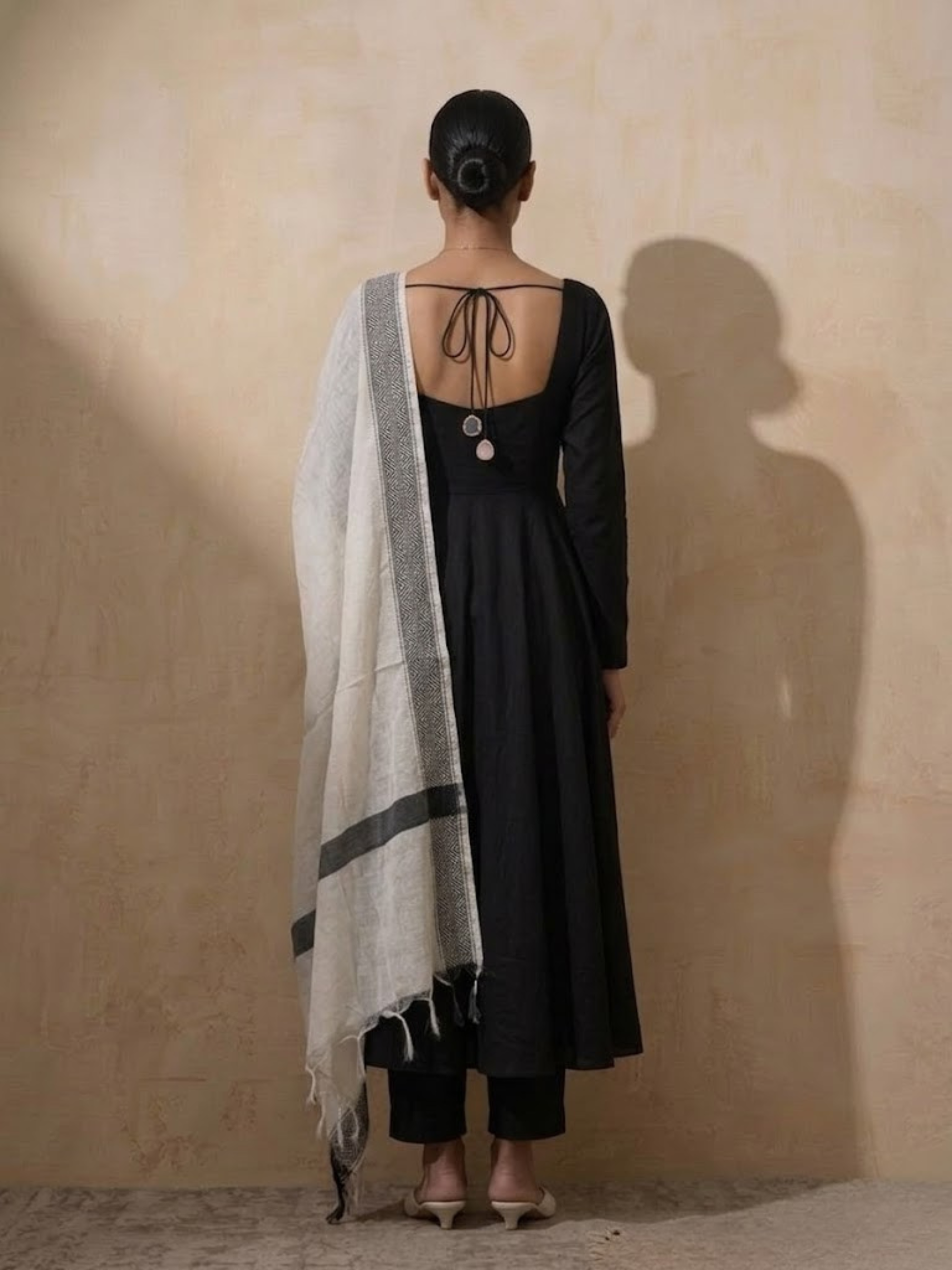 3 Pc Set - Black Cotton Anarkali with Woven Cream Black Dupatta