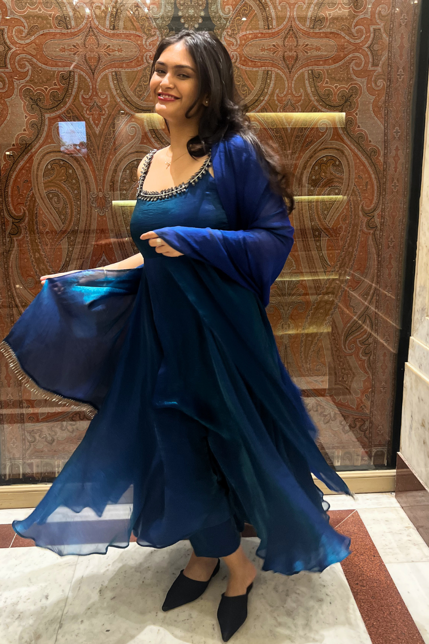3 Pc Set -  Peacock Satin Sleeveless Anarkali Suit with Black Glass Beads Neckline with Pants and Dupatta