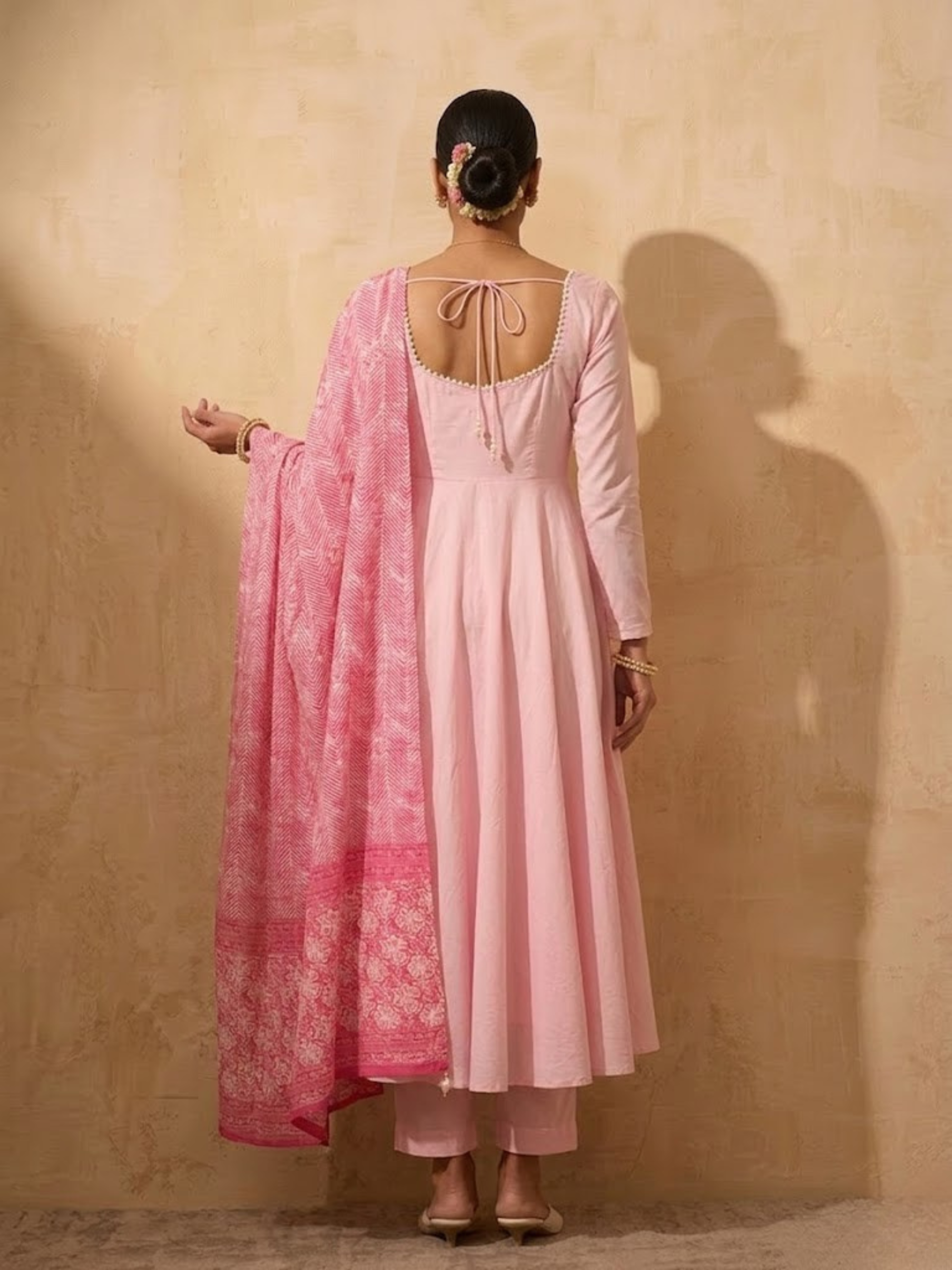 3 Pc Set - Pink Cotton Anarkali with Pearls and Pink Printed Dupatta