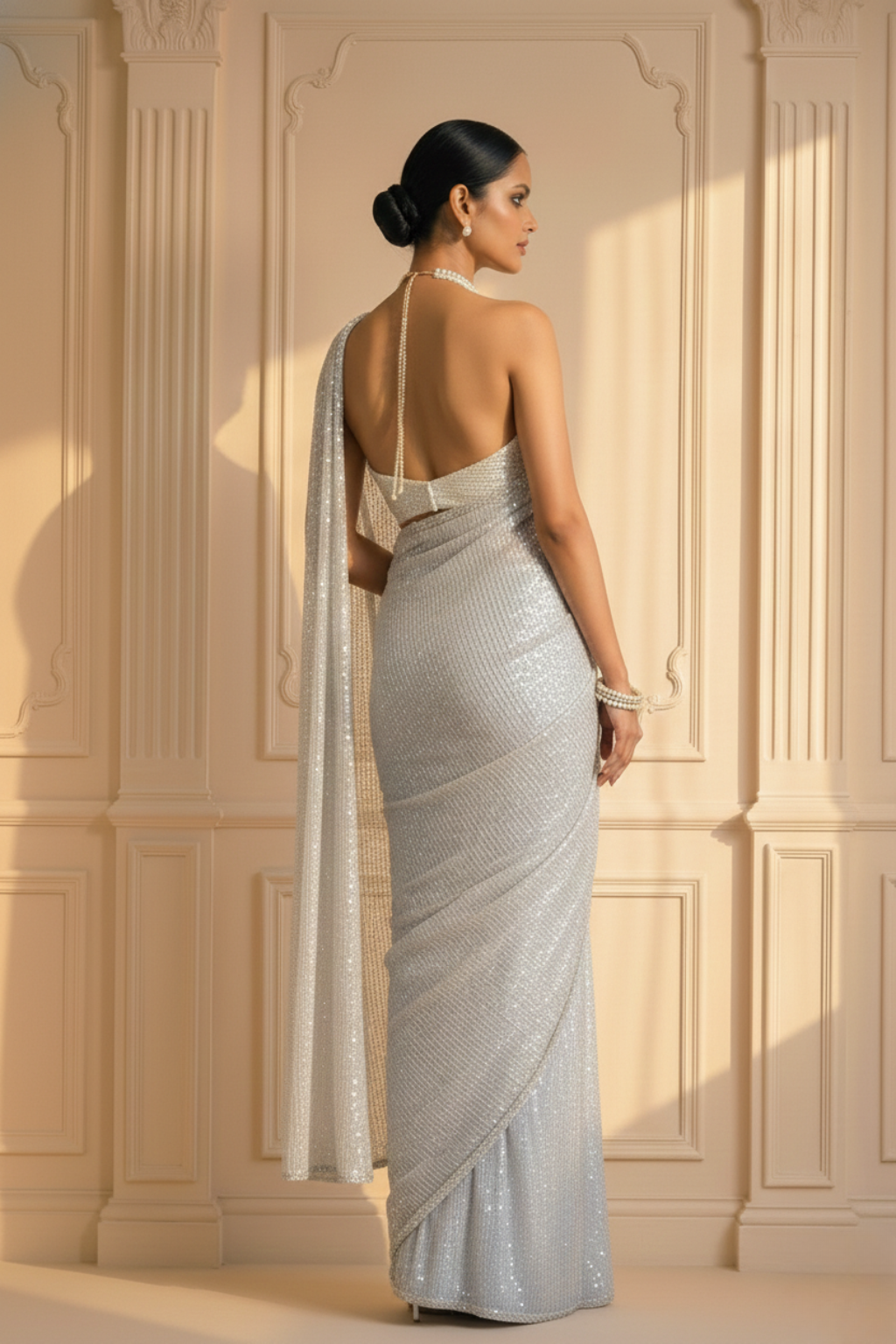 White and Silver Knitted Sequin Saree with Blouse Fabric