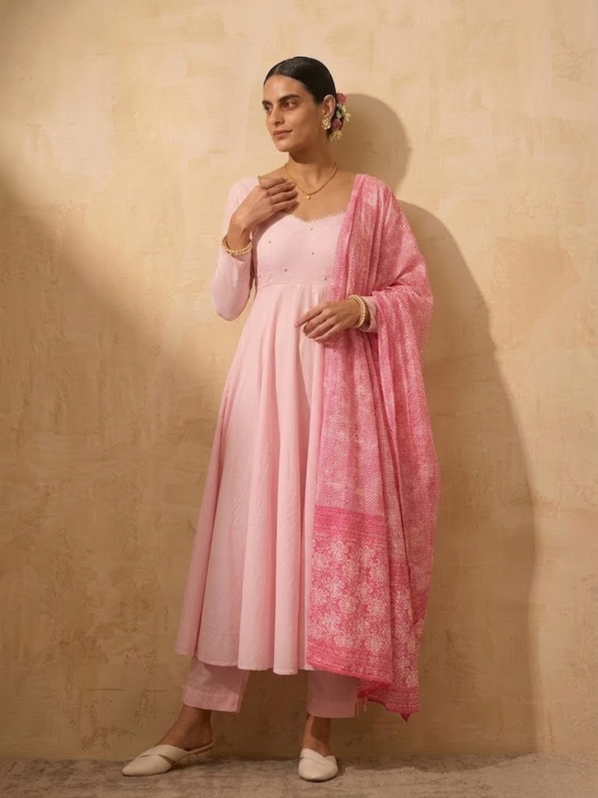 3 Pc Set - Pink Cotton Anarkali with Pearls and Pink Printed Dupatta