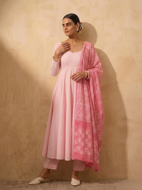 3 Pc Set - Pink Cotton Anarkali with Pearls and Pink Printed Dupatta