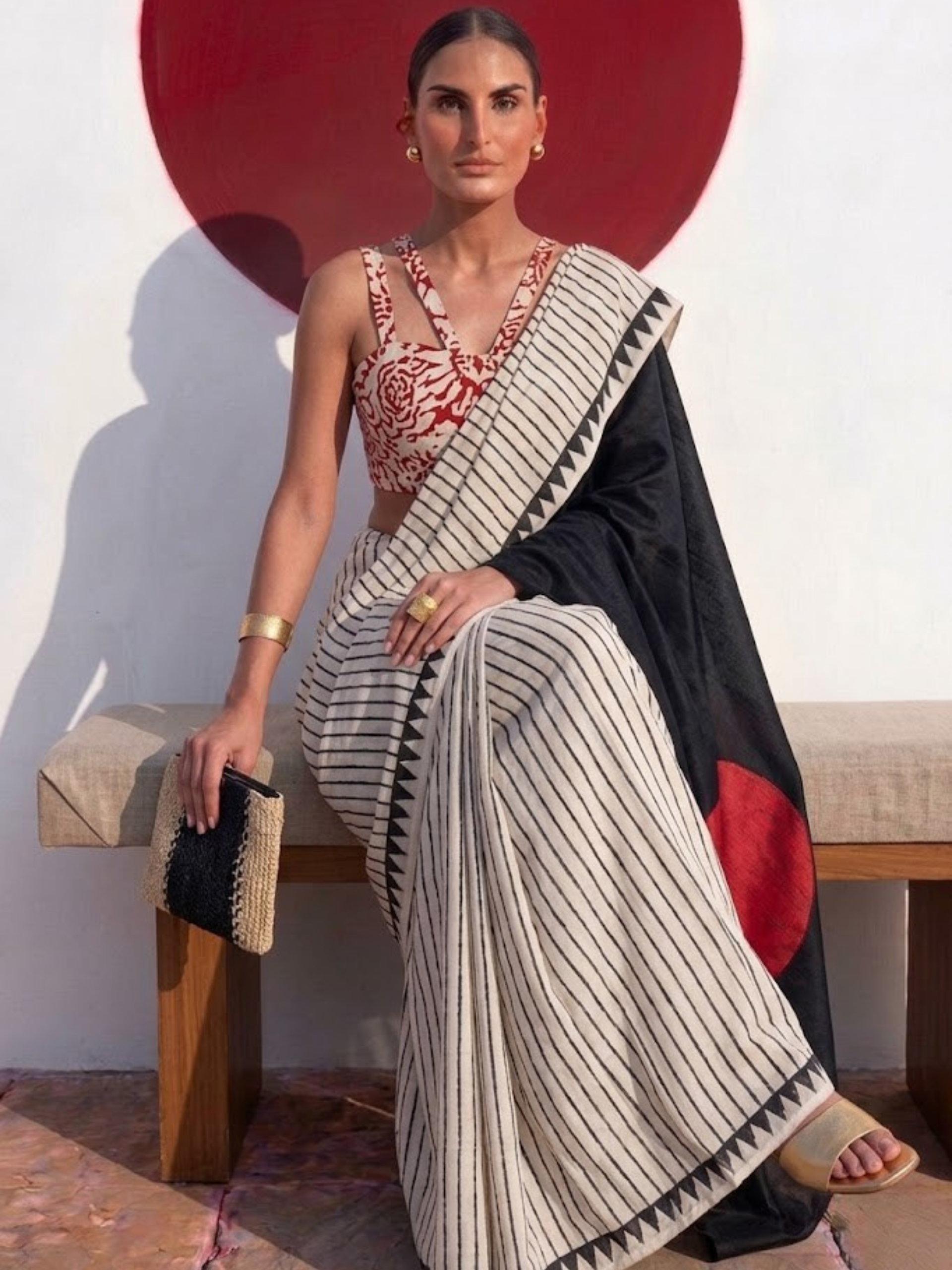 Modal Silk black white Stripe Hand Block Printed Saree with Red dot pallu and Blouse Fabric