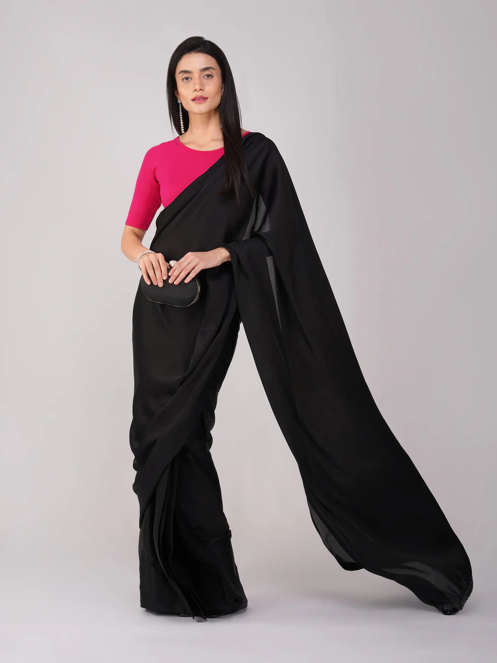 Women’s Black Satin Saree with Pink Stretchy Blouse | 2 Pc Set, No Border, Stitched Blouse, Chic Indian Wear