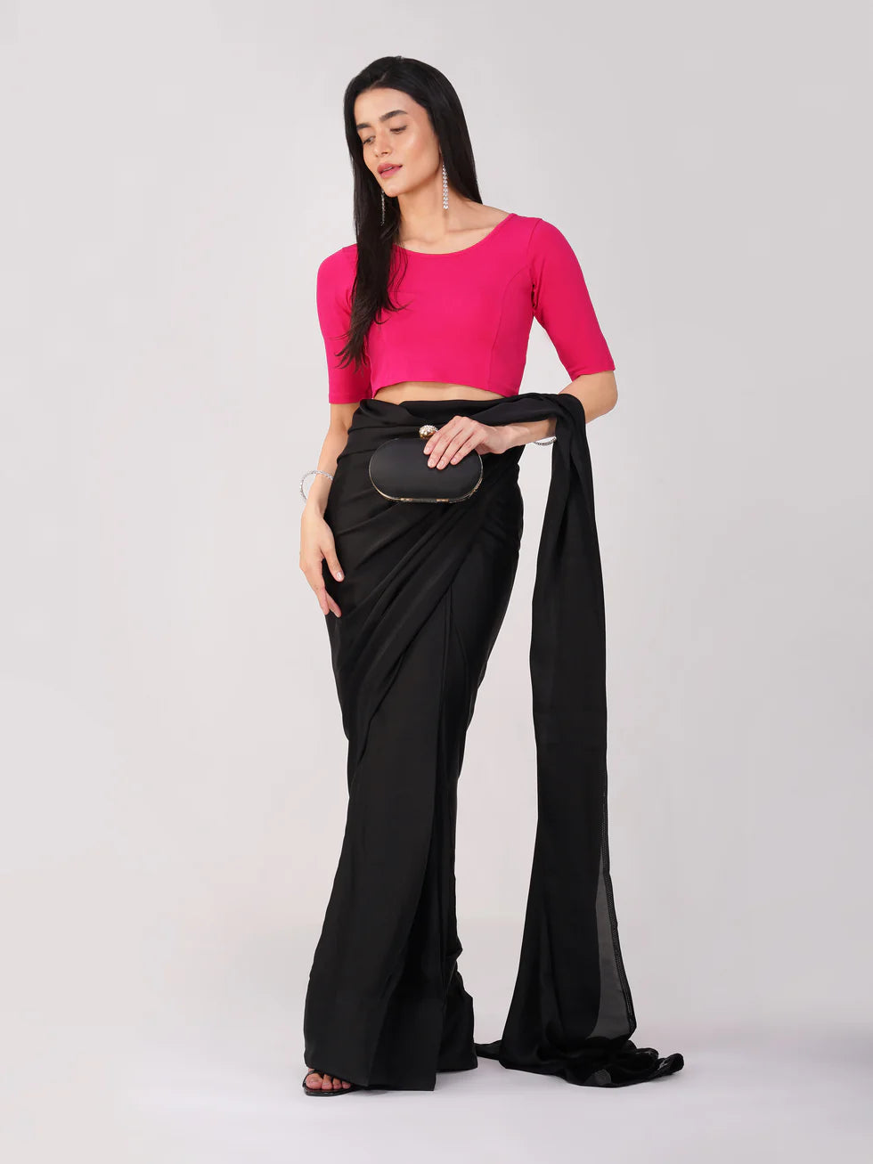 Women’s Black Satin Saree with Pink Stretchy Blouse | 2 Pc Set, No Border, Stitched Blouse, Chic Indian Wear