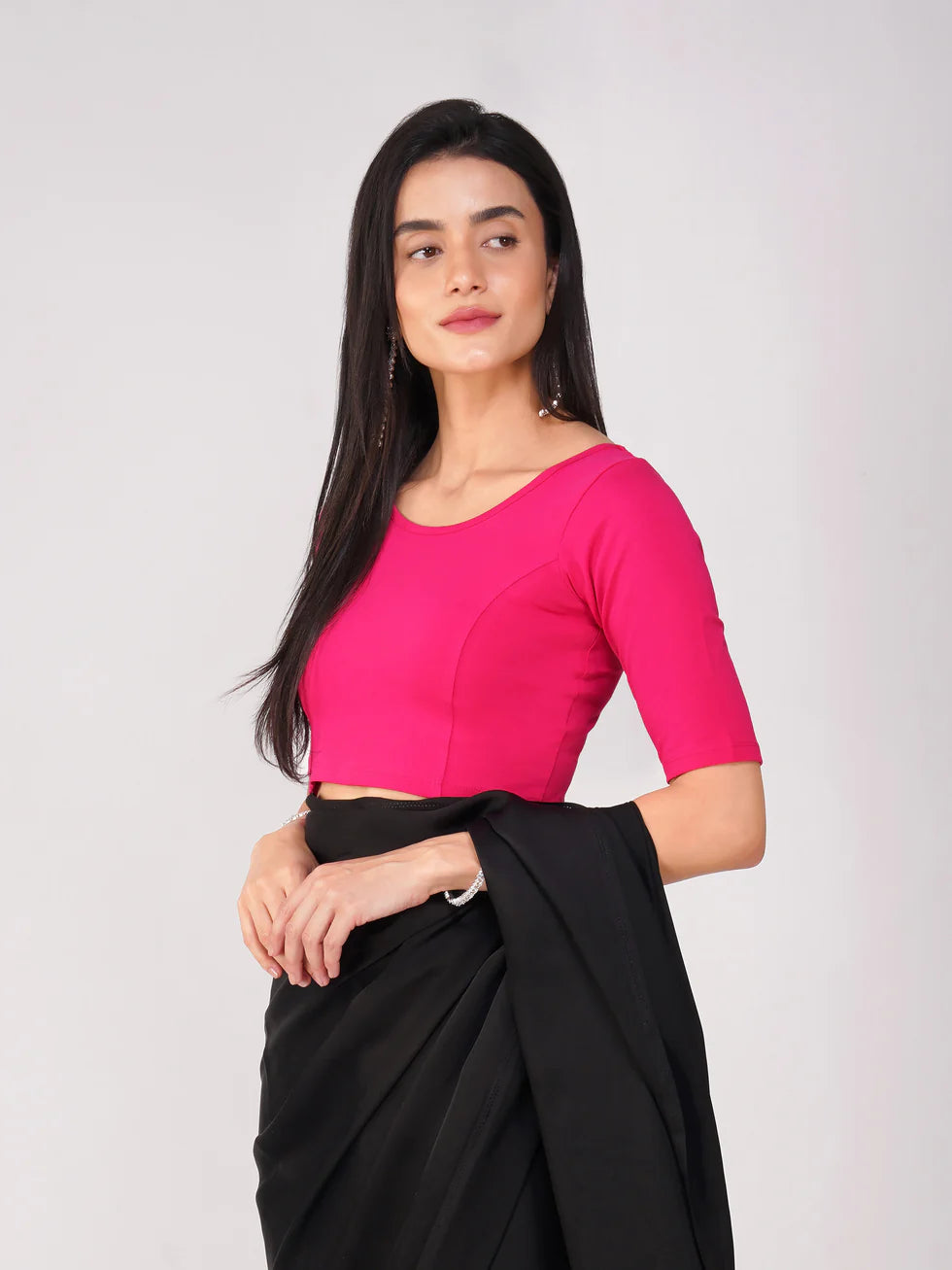 Women’s Black Satin Saree with Pink Stretchy Blouse | 2 Pc Set, No Border, Stitched Blouse, Chic Indian Wear