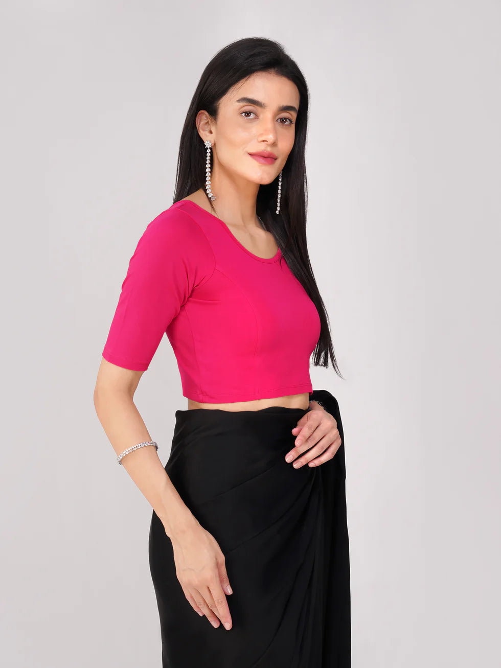 Women’s Black Satin Saree with Pink Stretchy Blouse | 2 Pc Set, No Border, Stitched Blouse, Chic Indian Wear