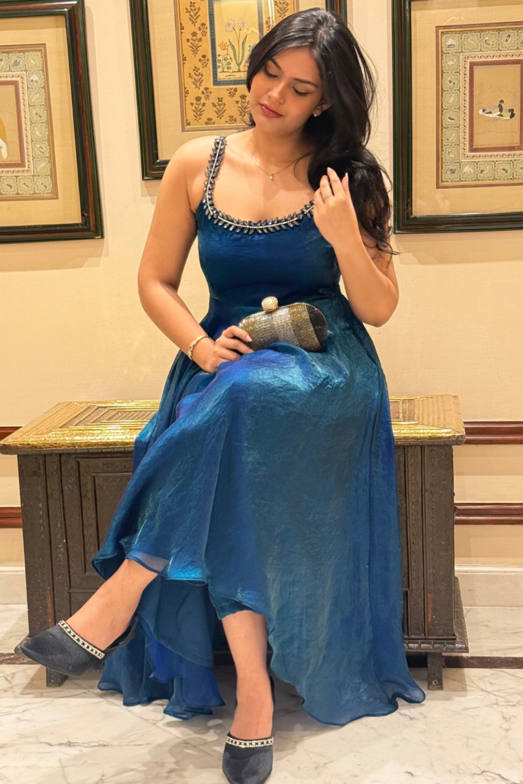 3 Pc Set -  Peacock Satin Sleeveless Anarkali Suit with Black Glass Beads Neckline with Pants and Dupatta