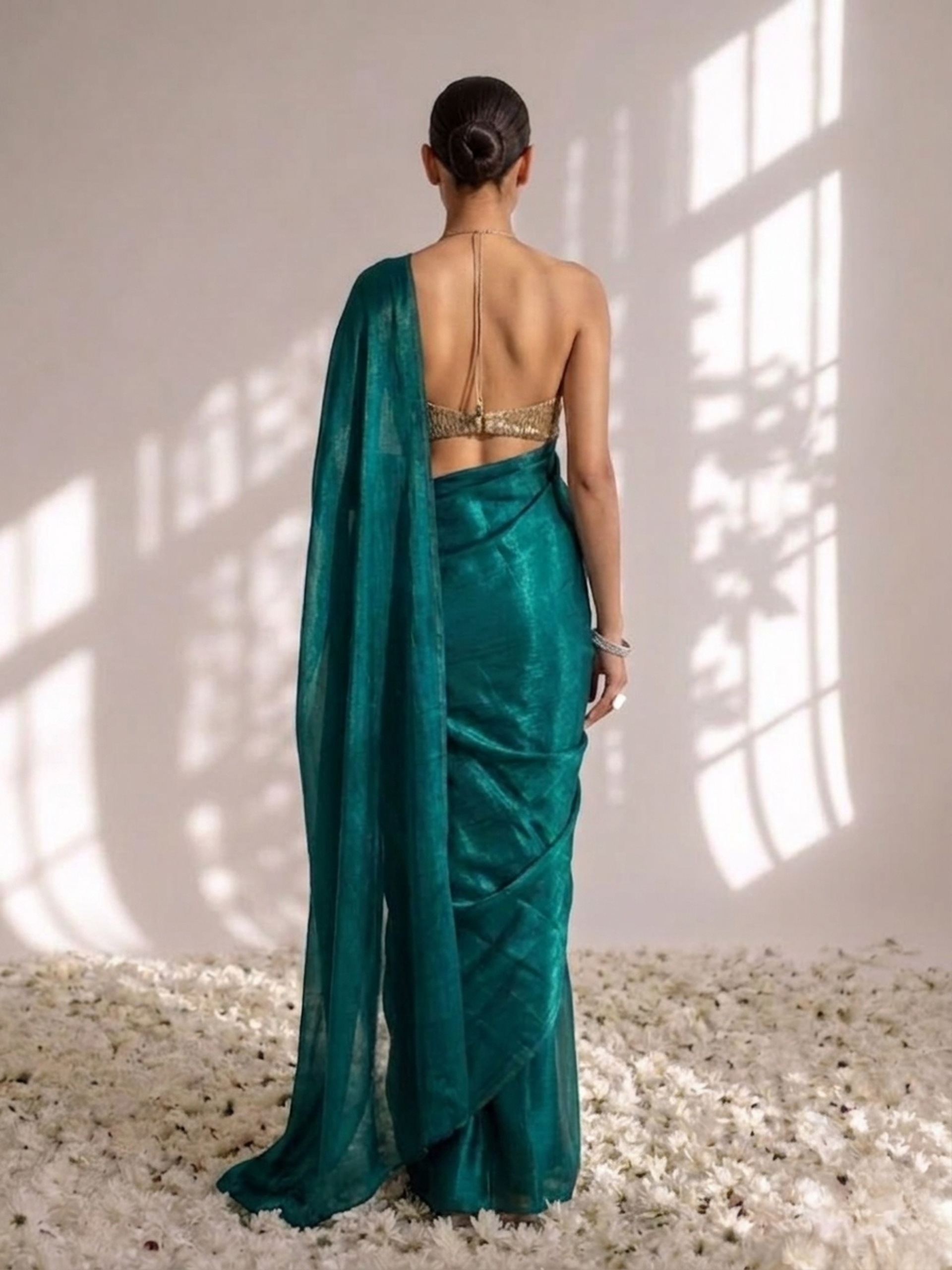 Green metallic satin saree with pendants and blouse fabric — view 5