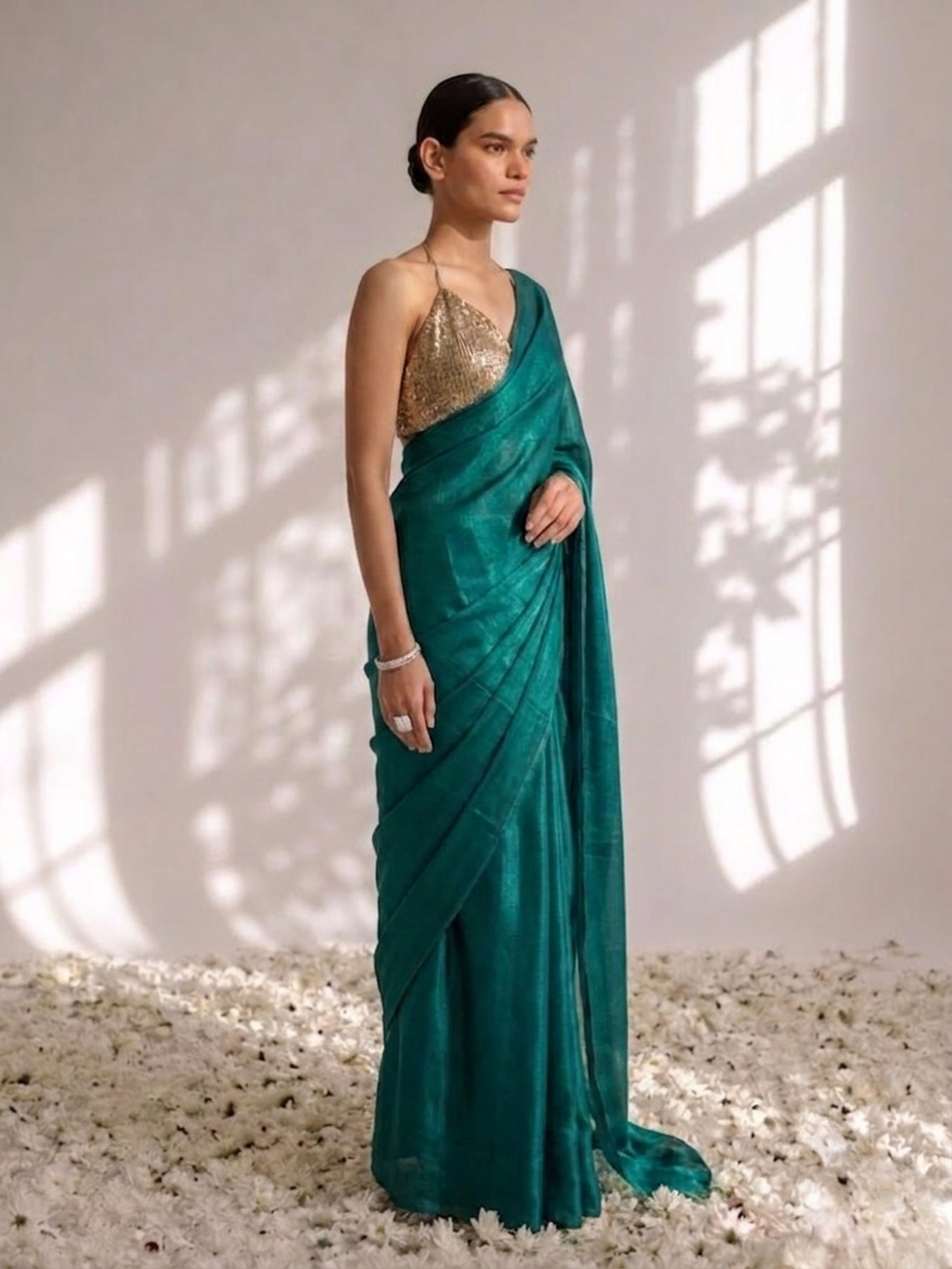 Green metallic satin saree with pendants and blouse fabric — view 2