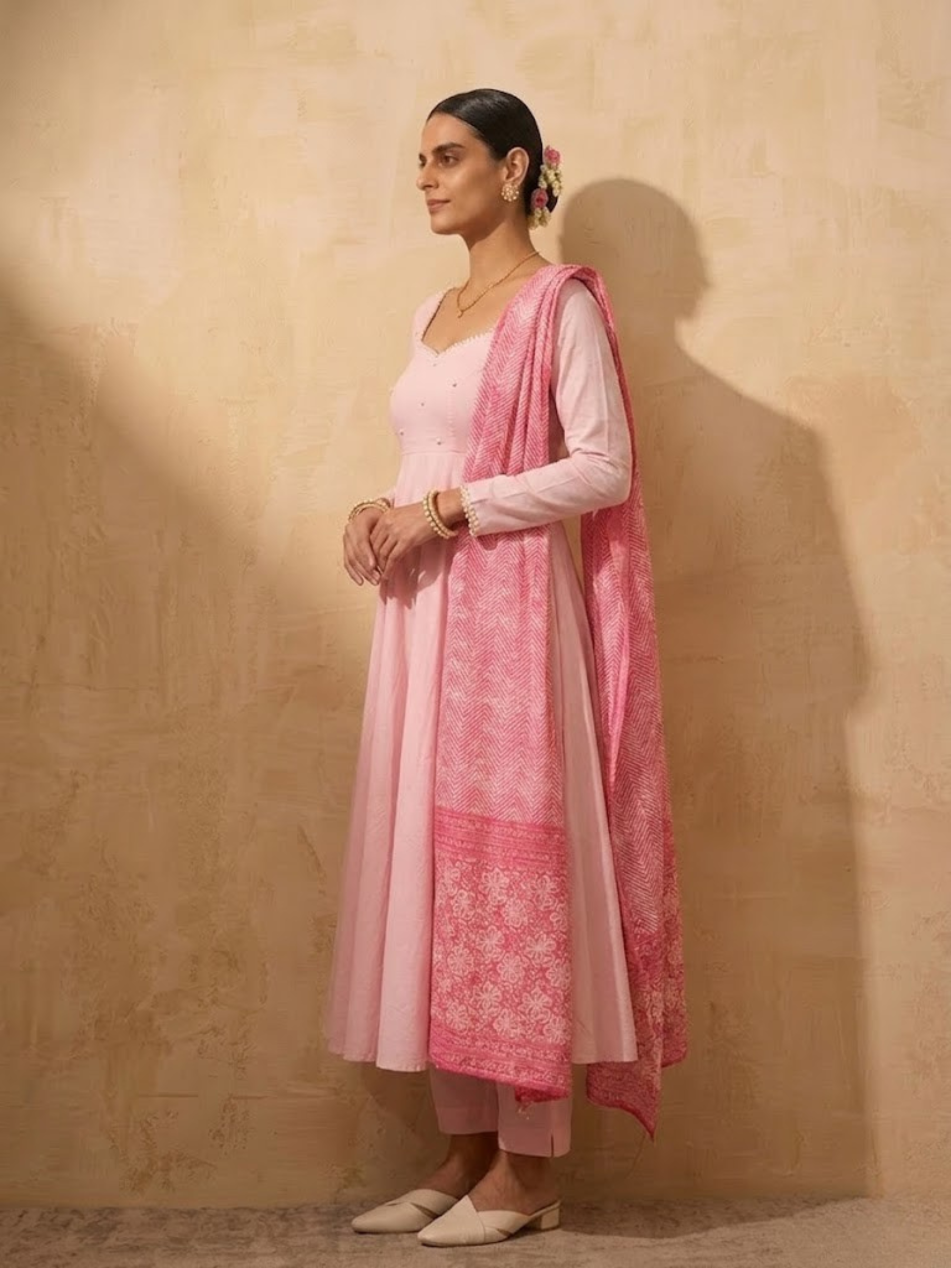 3 Pc Set - Pink Cotton Anarkali with Pearls and Pink Printed Dupatta