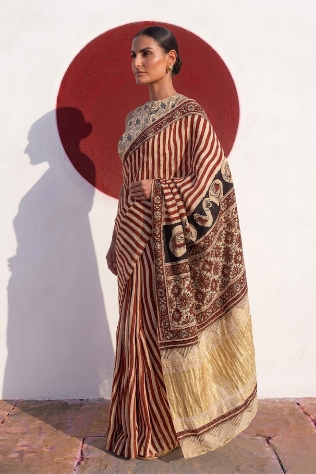 Gajji Silk Hand Block Red Stripe Printed Saree with Blouse Fabric