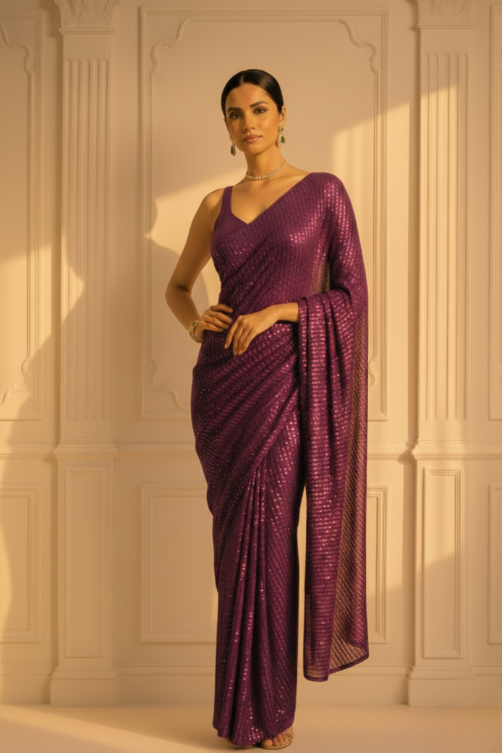 Wine Knitted Sequin Saree with Blouse Fabric