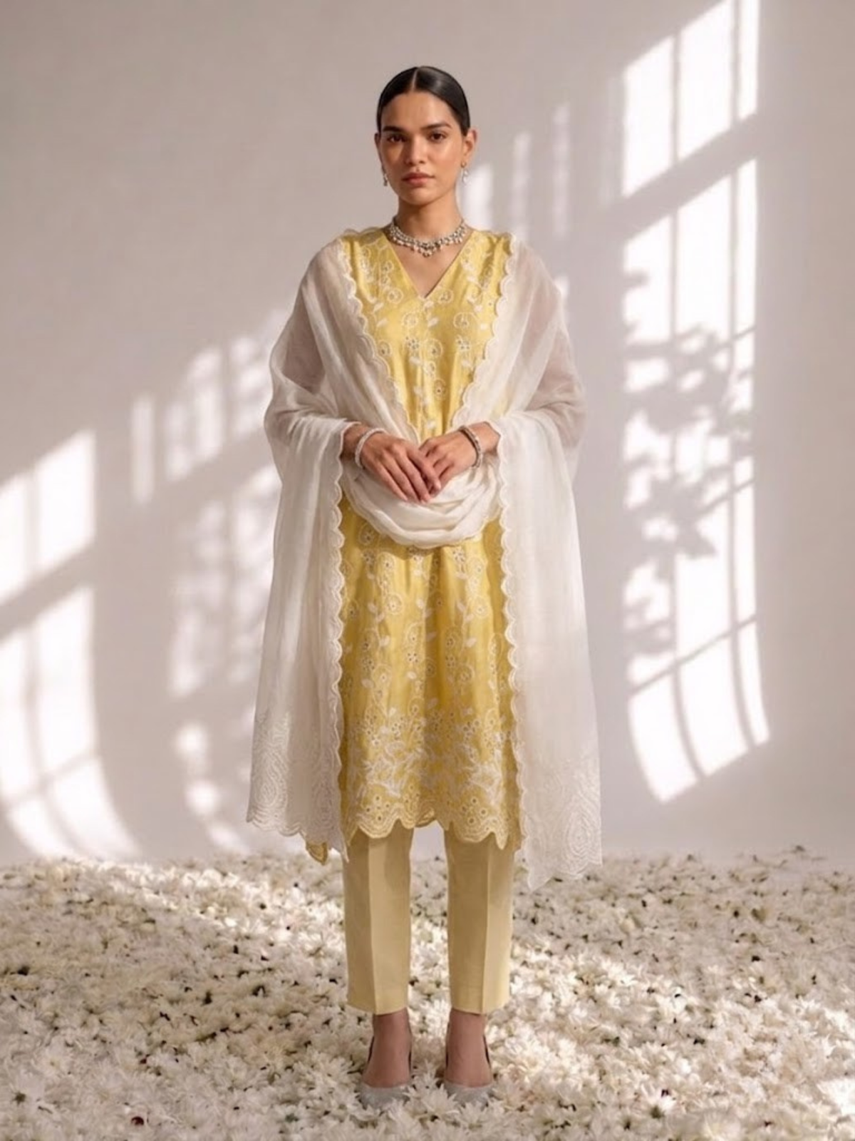 Sunshine yellow cotton allover embroidered Schiffli sleeveless kurta with pants — view 3
