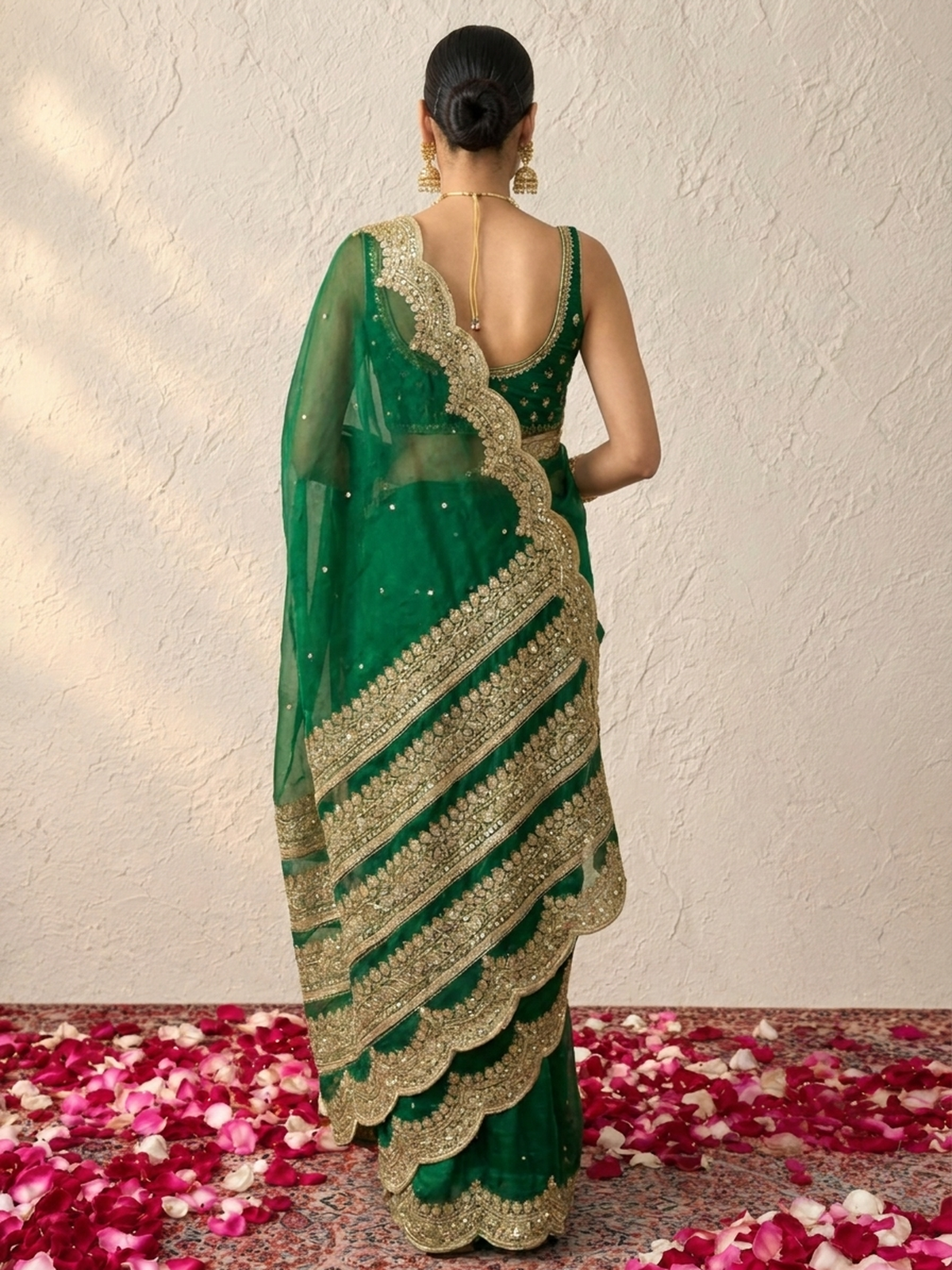 Green and Gold Scallop Banarasi Tissue Saree with Pearls and Blouse Fabric