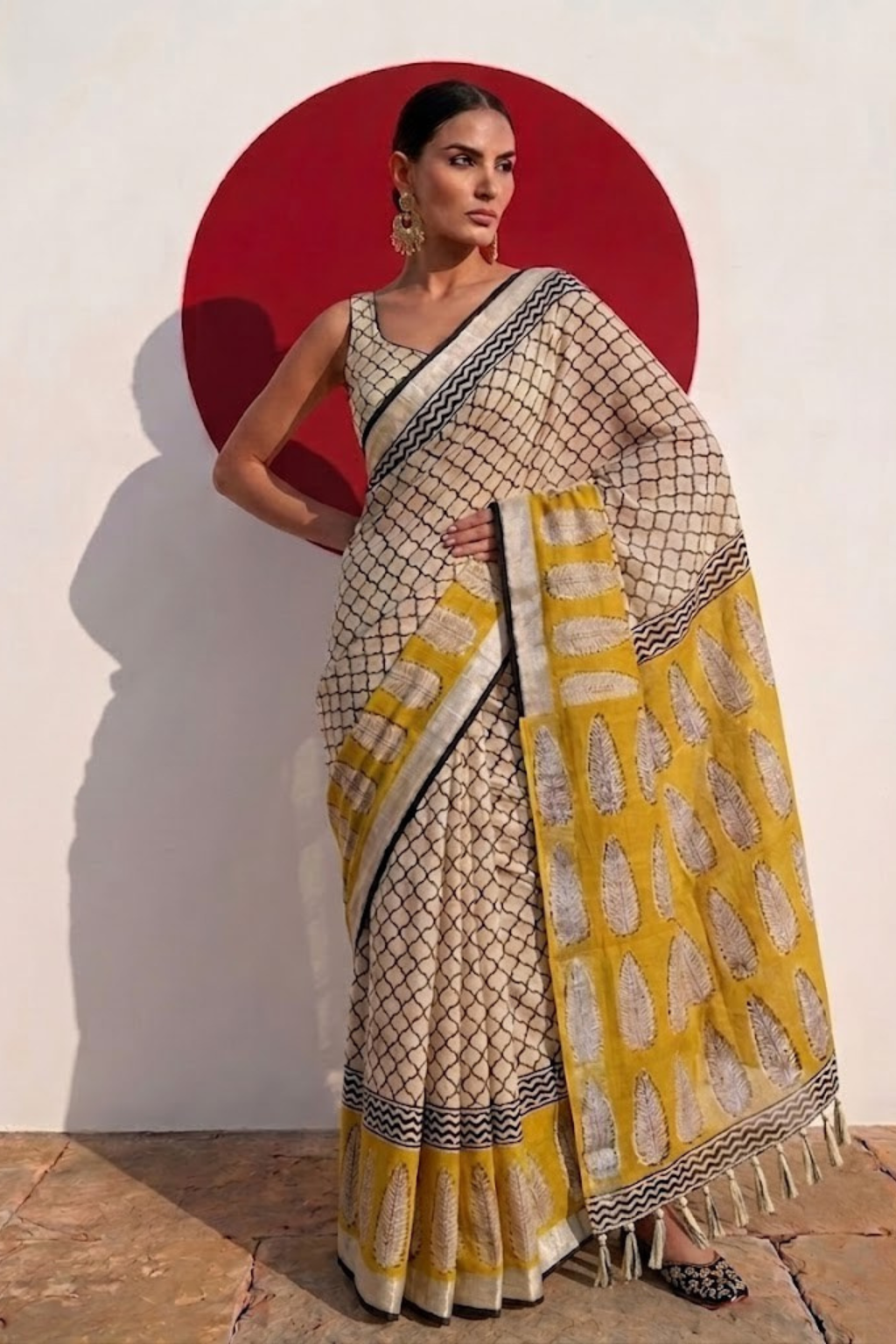 Cream and Yellow Hand Printed Geometrical Soft Cotton Saree