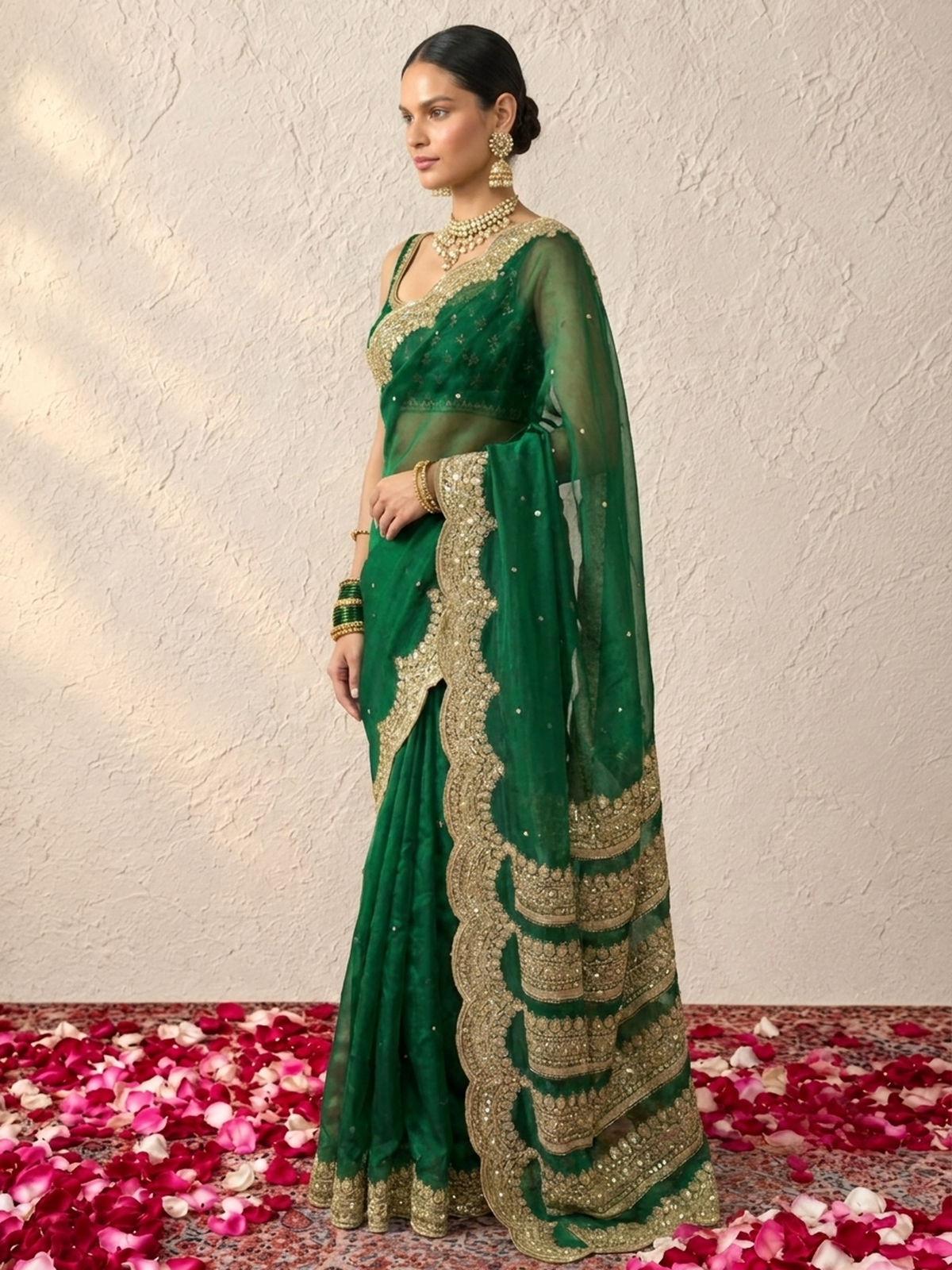 Green and Gold Scallop Banarasi Tissue Saree with Pearls and Blouse Fabric
