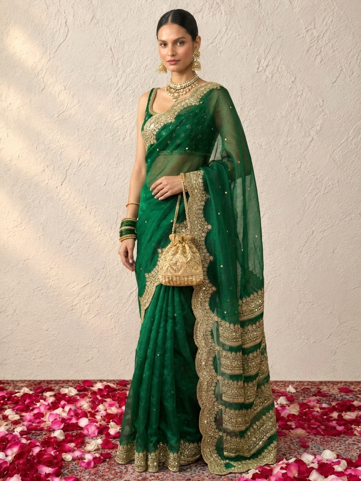 Green and Gold Scallop Banarasi Tissue Saree with Pearls and Blouse Fabric