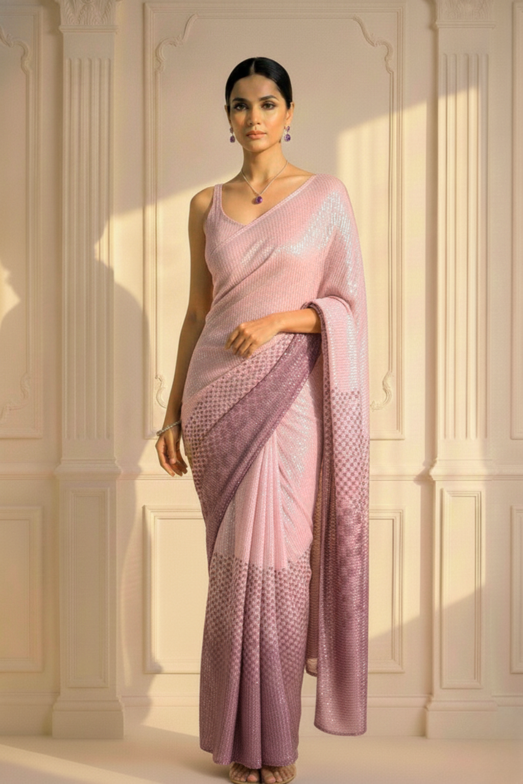 Lilac and Purple Ombre' Knitted Sequin Saree with Blouse Fabric