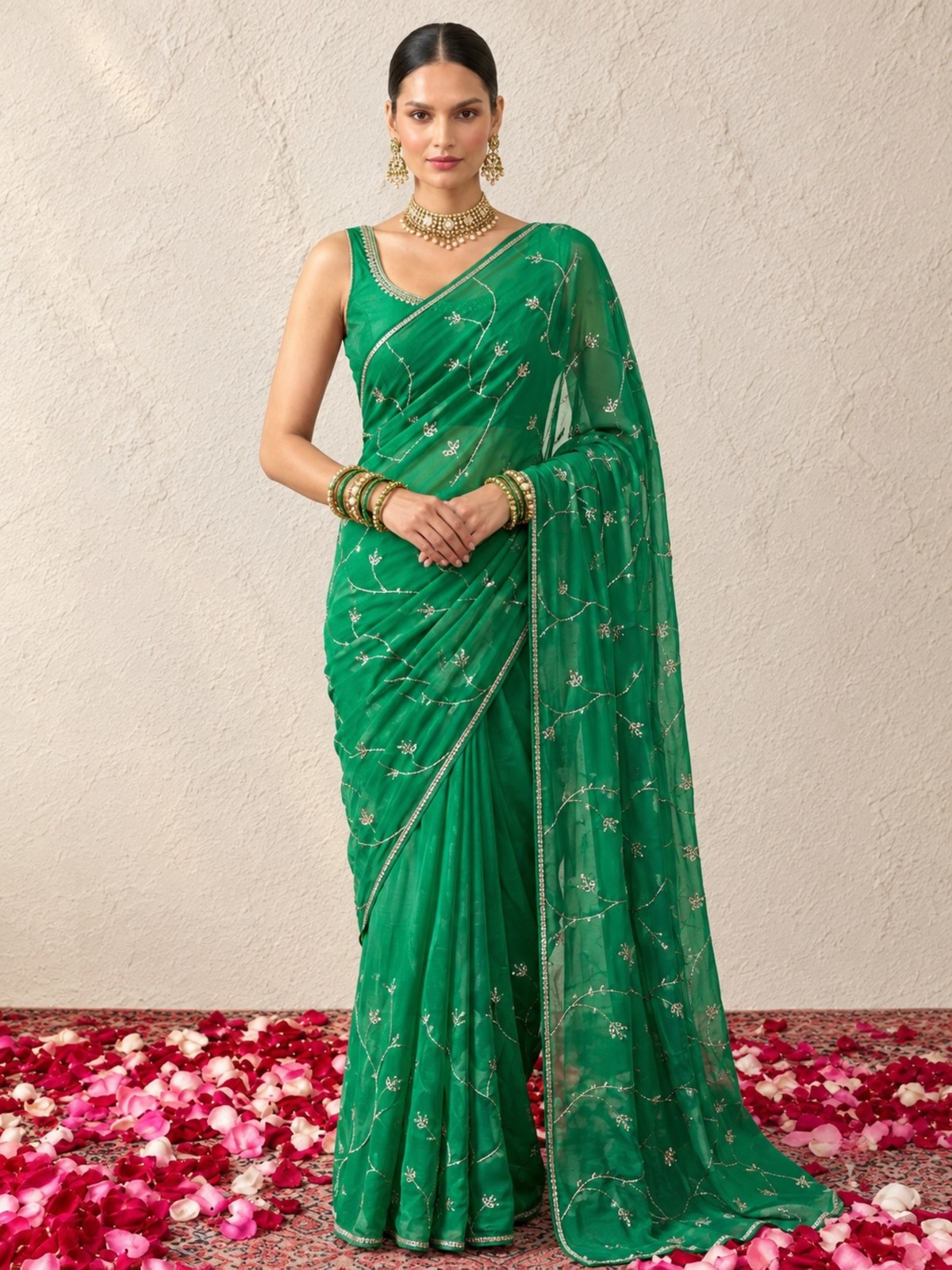 Blue Green Ombre Silk Chiffon Saree with Allover Hand Embroidery with Crepe Blouse Fabric