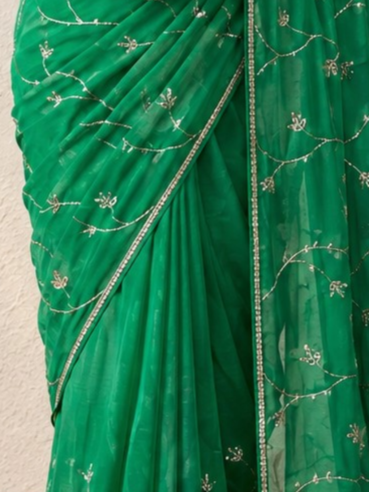 Blue Green Ombre Silk Chiffon Saree with Allover Hand Embroidery with Crepe Blouse Fabric