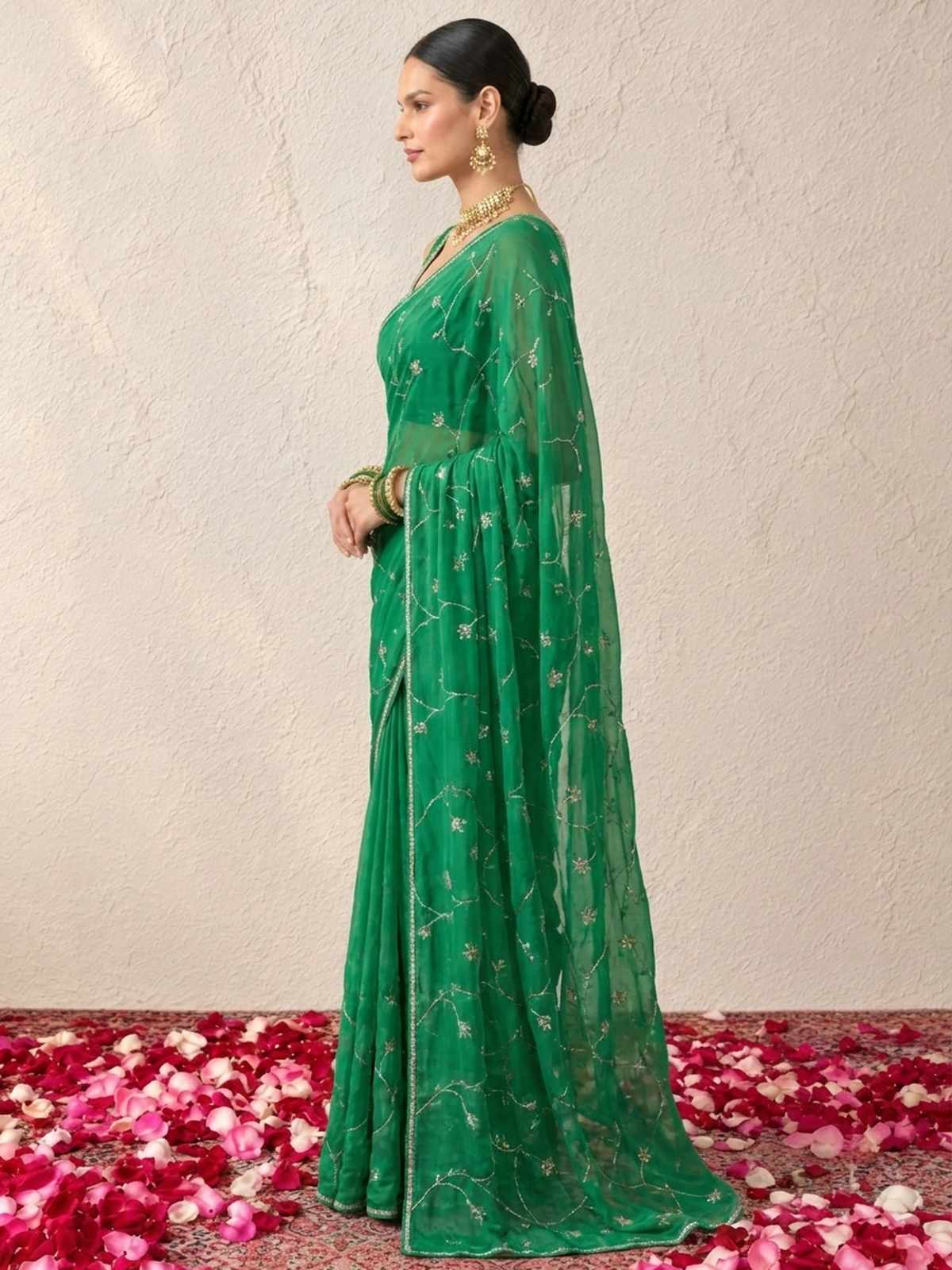 Blue Green Ombre Silk Chiffon Saree with Allover Hand Embroidery with Crepe Blouse Fabric