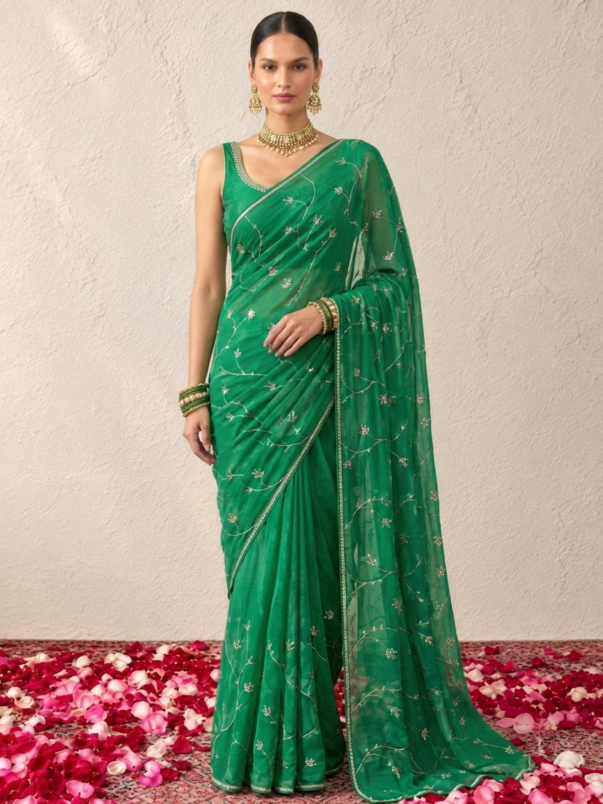 Blue Green Ombre Silk Chiffon Saree with Allover Hand Embroidery with Crepe Blouse Fabric