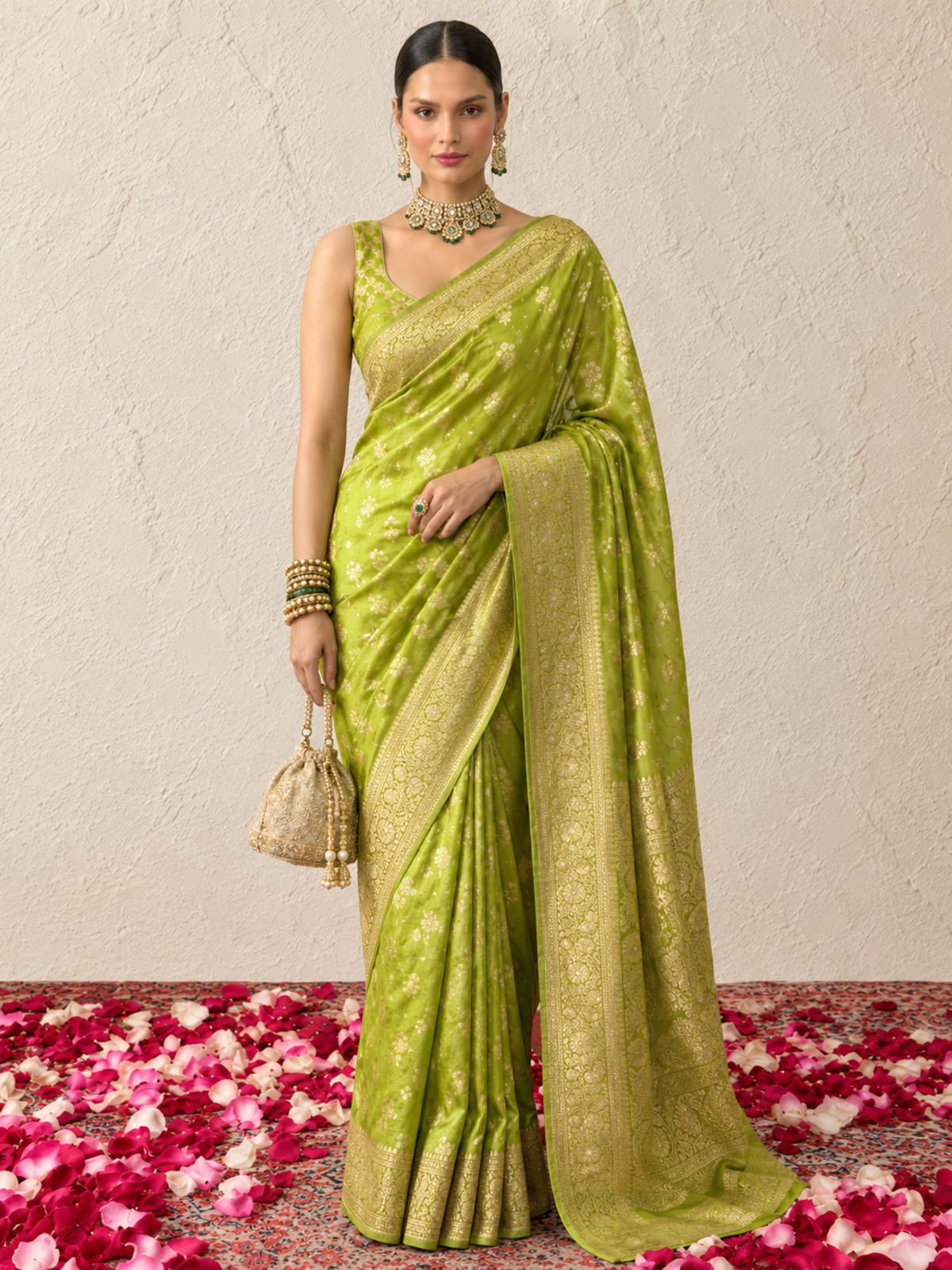Green and Gold Silver Pure Silk Saree with Meenakari and Blouse Fabric