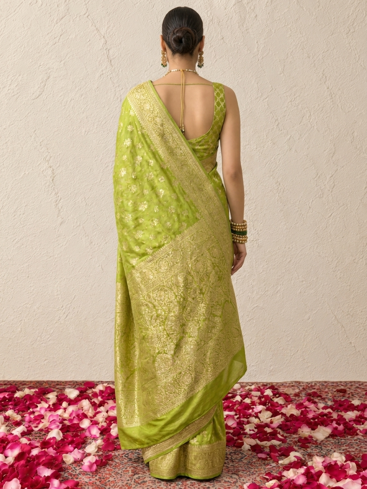 Green and Gold Silver Pure Silk Saree with Meenakari and Blouse Fabric