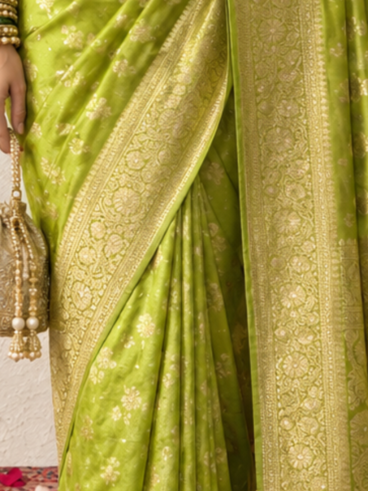 Green and Gold Silver Pure Silk Saree with Meenakari and Blouse Fabric