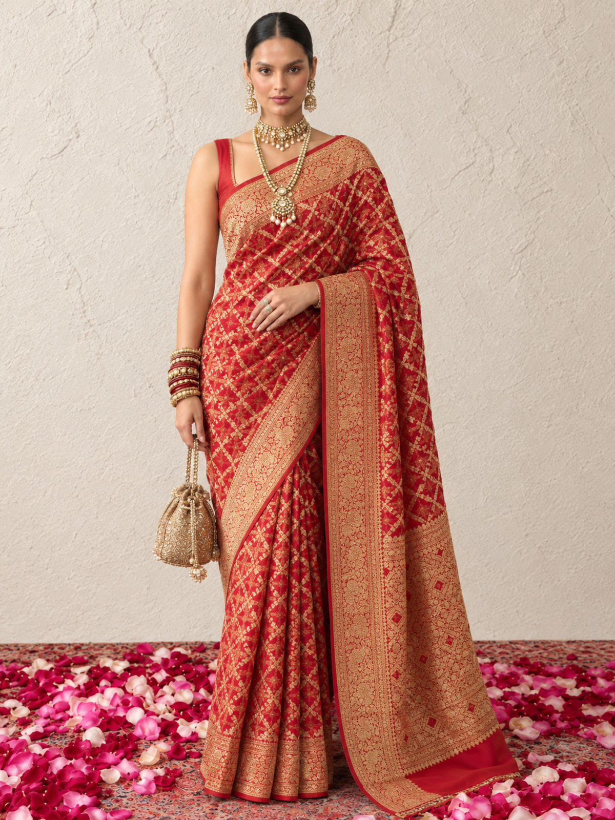 Maroon Khaddi Georgette with Green Pink Orange Design and Blouse Fabric