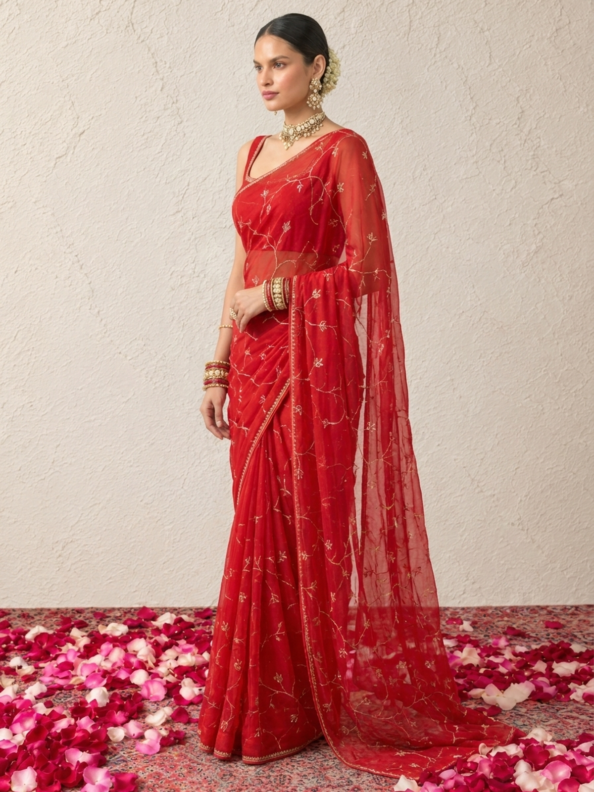 Red Pink Ombre Silk Chiffon Saree with Allover Hand Embroidery with Crepe Blouse Fabric