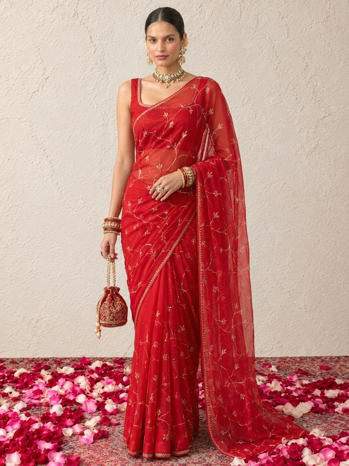 Red Pink Ombre Silk Chiffon Saree with Allover Hand Embroidery with Crepe Blouse Fabric