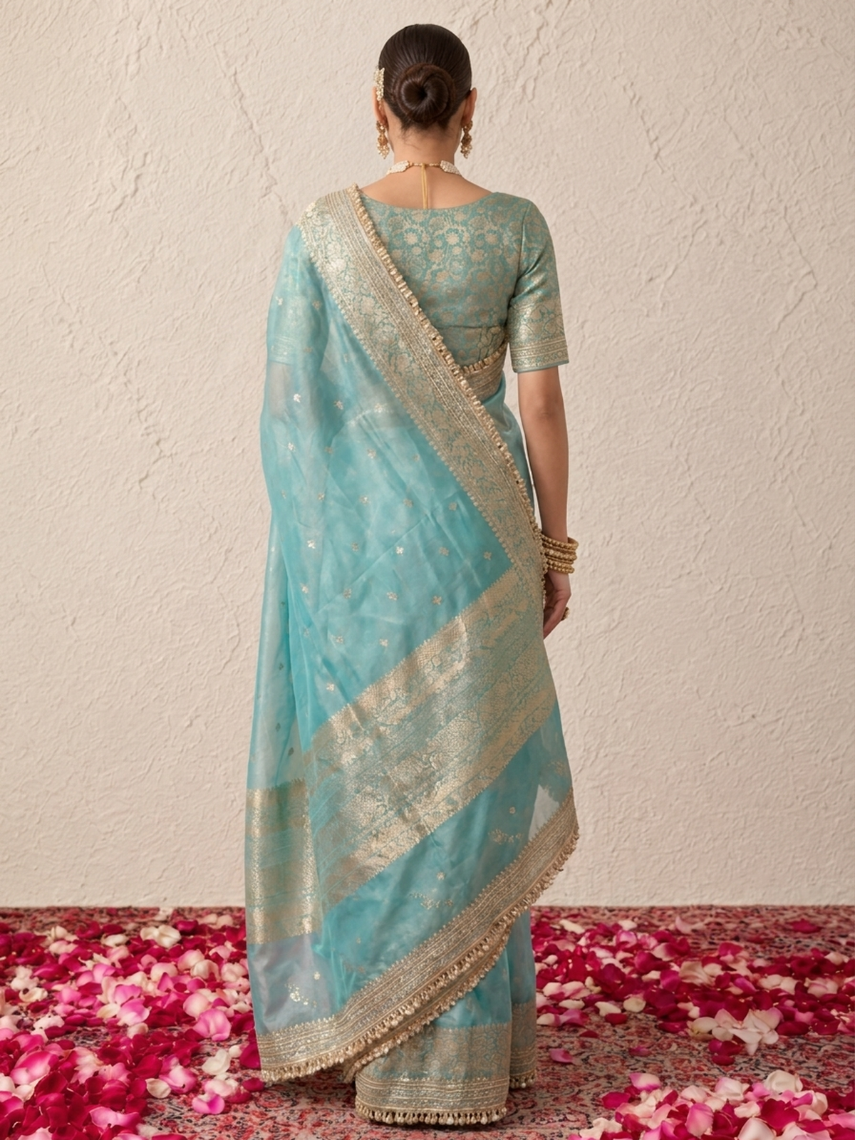 Blue and Gold Banarasi Tissue Saree with Laces and Blouse Fabric
