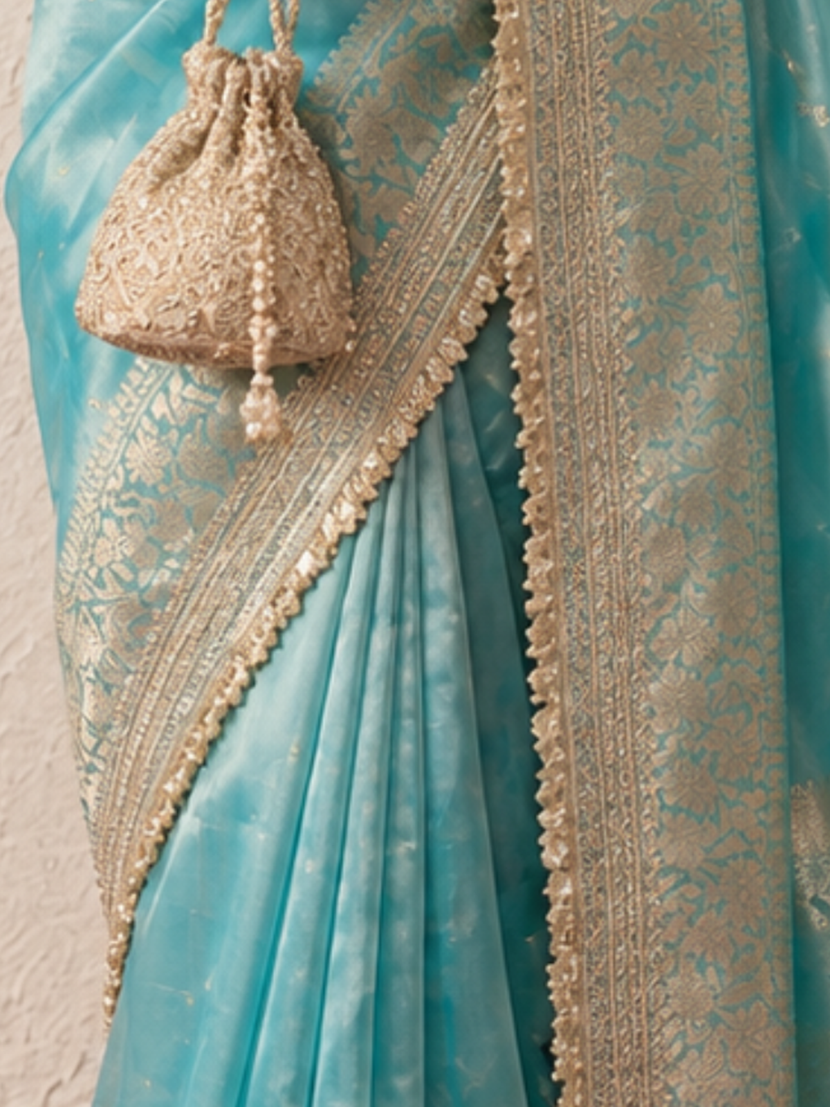 Blue and Gold Banarasi Tissue Saree with Laces and Blouse Fabric
