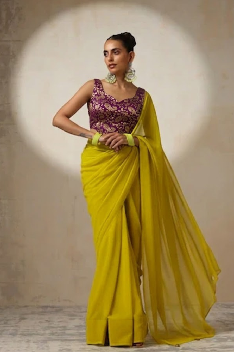 With Stitched Blouse - Purple Brocade Blouse with Yellow Chiffon Saree (Blouse has sleeve attached)