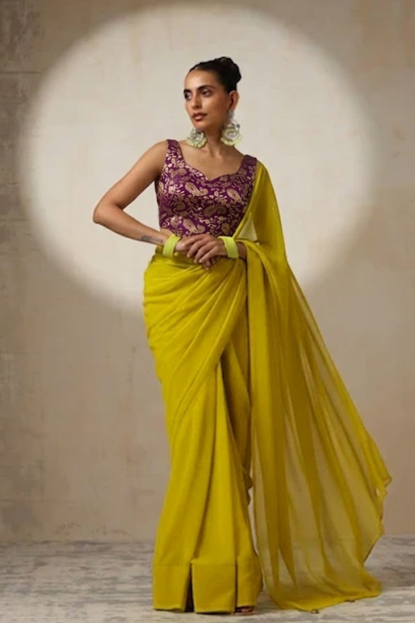 With Stitched Blouse - Purple Brocade Blouse with Yellow Chiffon Saree (Blouse has sleeve attached)