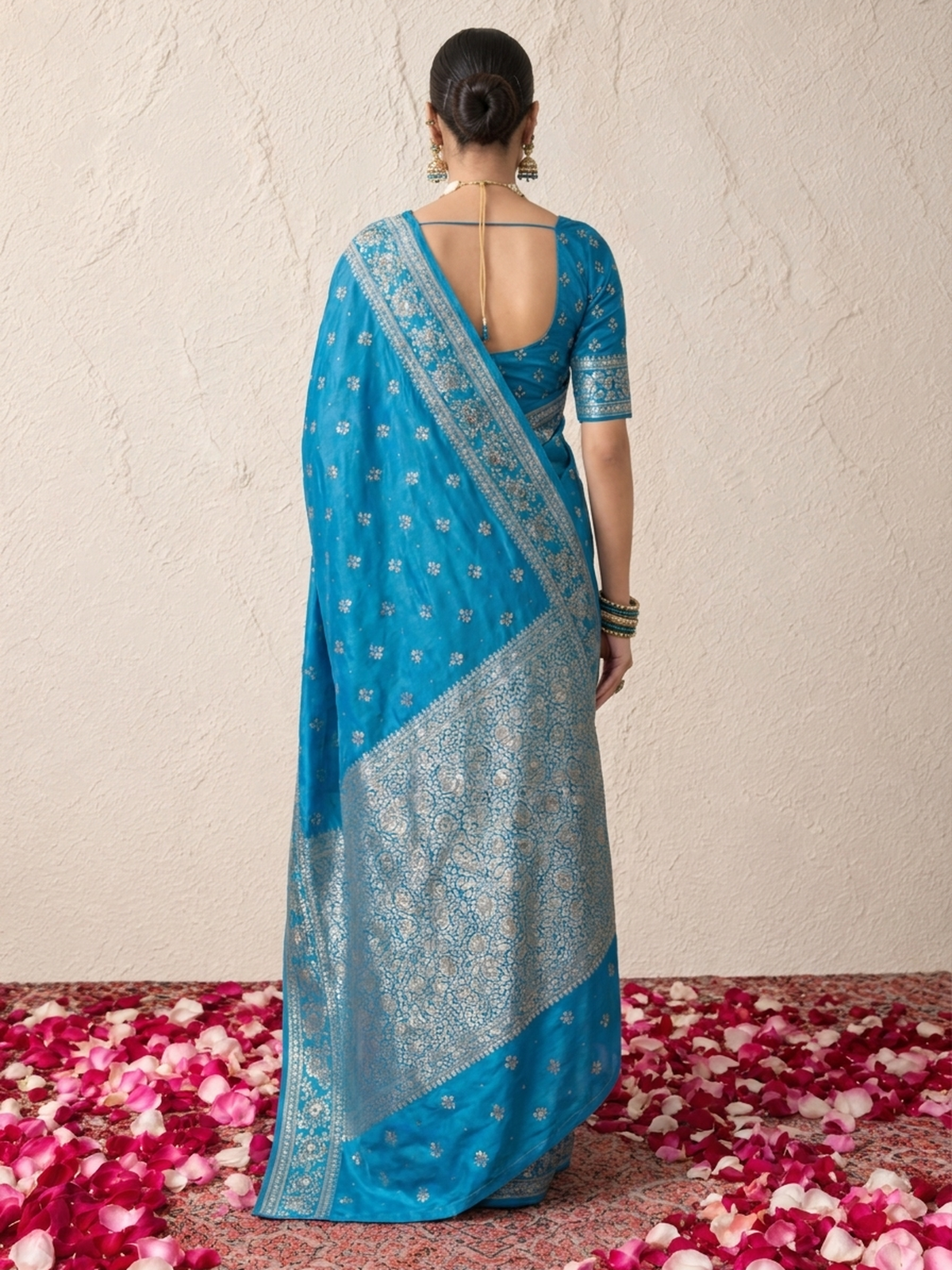 Blue and Silver Pure Silk Saree with Meenakari and Blouse Fabric