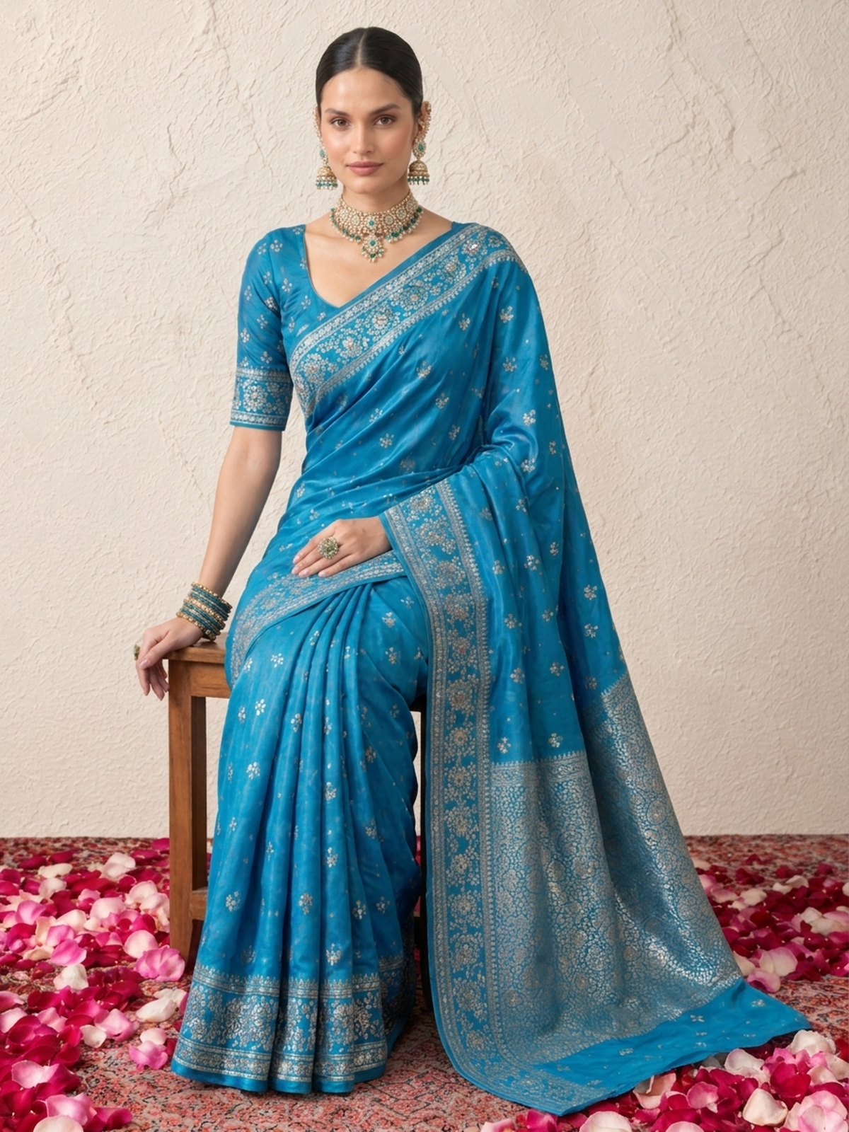 Blue and Silver Pure Silk Saree with Meenakari and Blouse Fabric