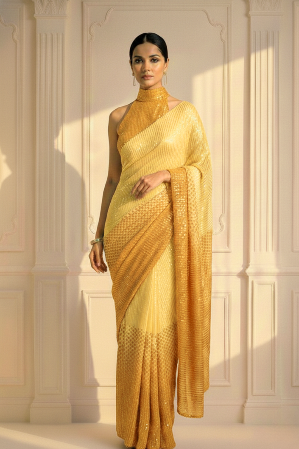 Yellow and Orange Ombre' Knitted Sequin Saree with Blouse Fabric